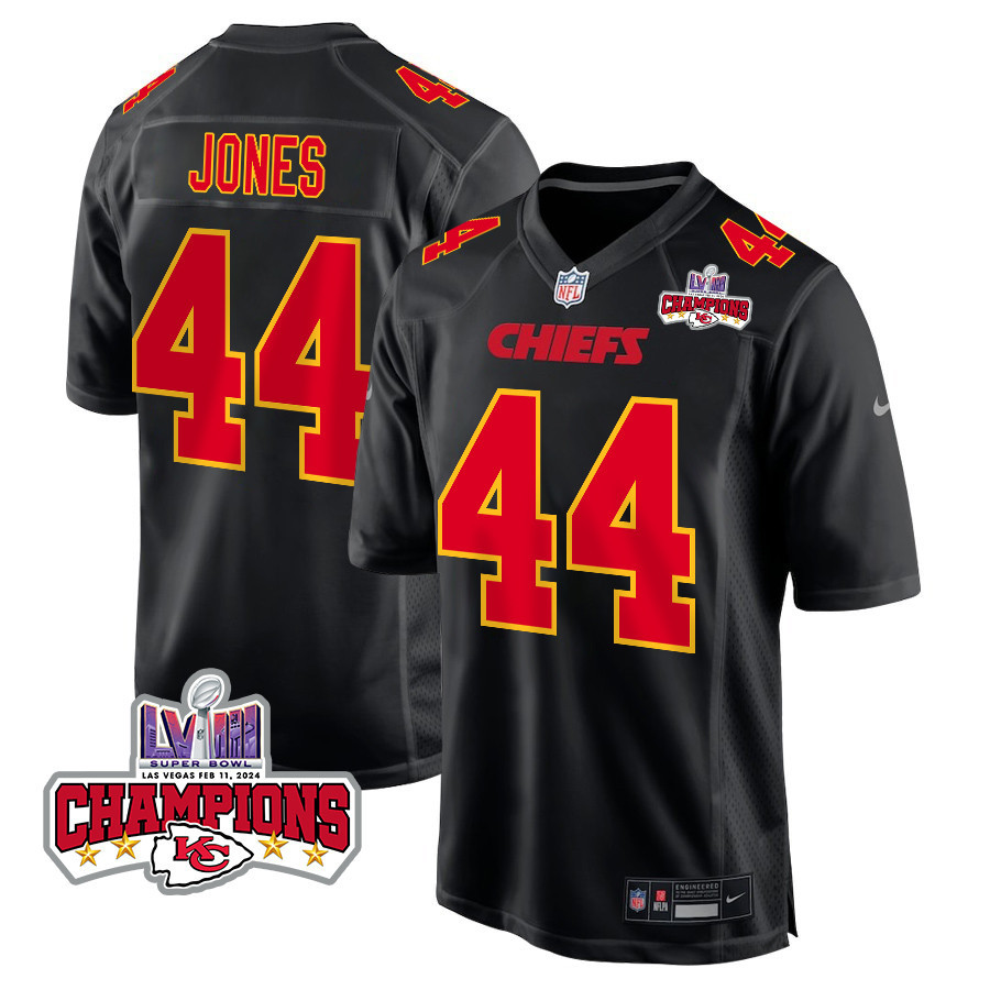 Cam Jones 44 Kansas City Chiefs Super Bowl LVIII Champions 4 Stars Patch Fashion Game Men Jersey - Carbon Black JS4493 nicesnker