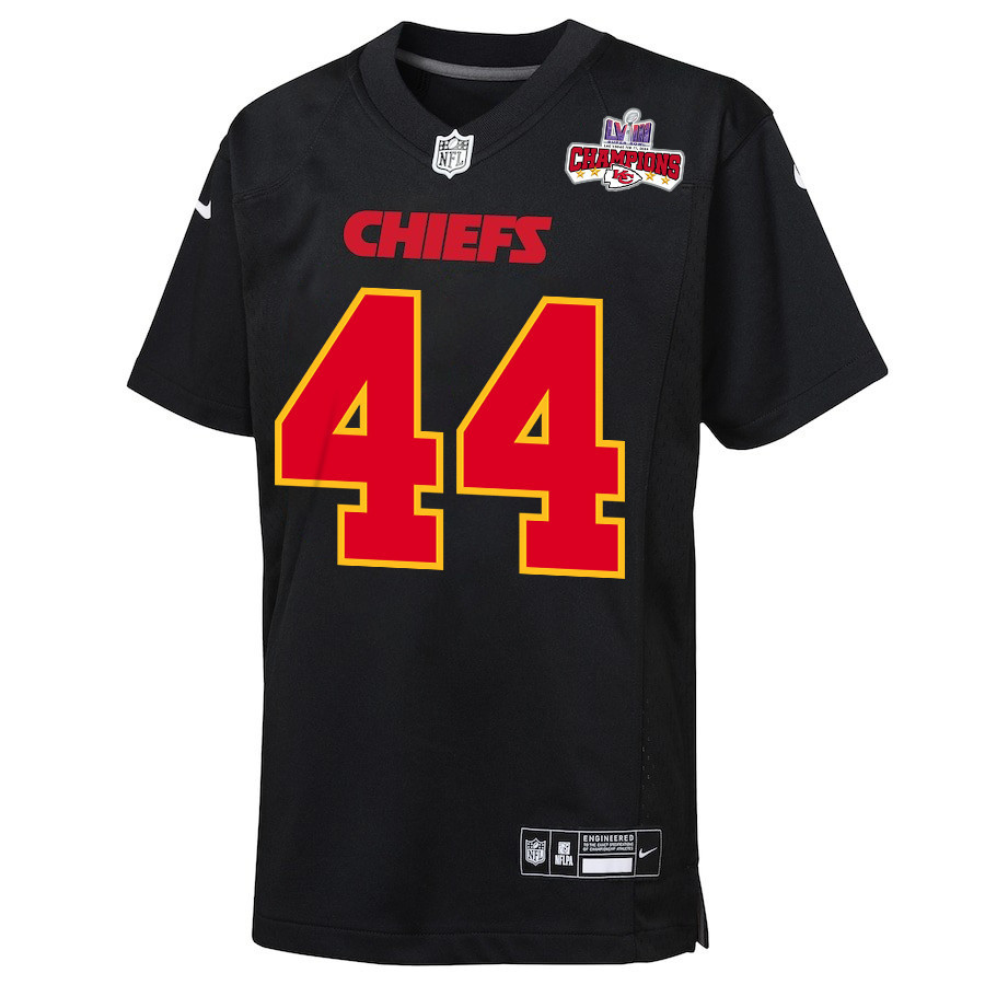 Alternative view of Cam Jones 44 Kansas City Chiefs Super Bowl LVIII Champions 4 Stars Patch Fashion Game YOUTH Jersey - Carbon Black JS6655 nicesnker