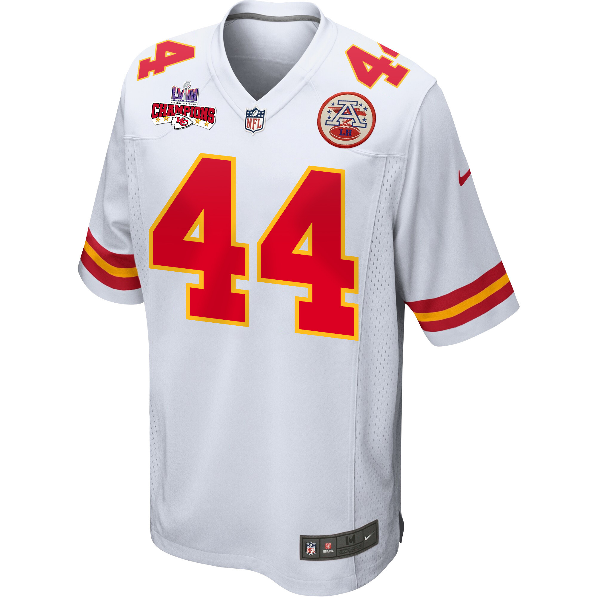 Alternative view of Cam Jones 44 Kansas City Chiefs Super Bowl LVIII Champions 4 Stars Patch Game Men Jersey - White JS5977 nicesnker
