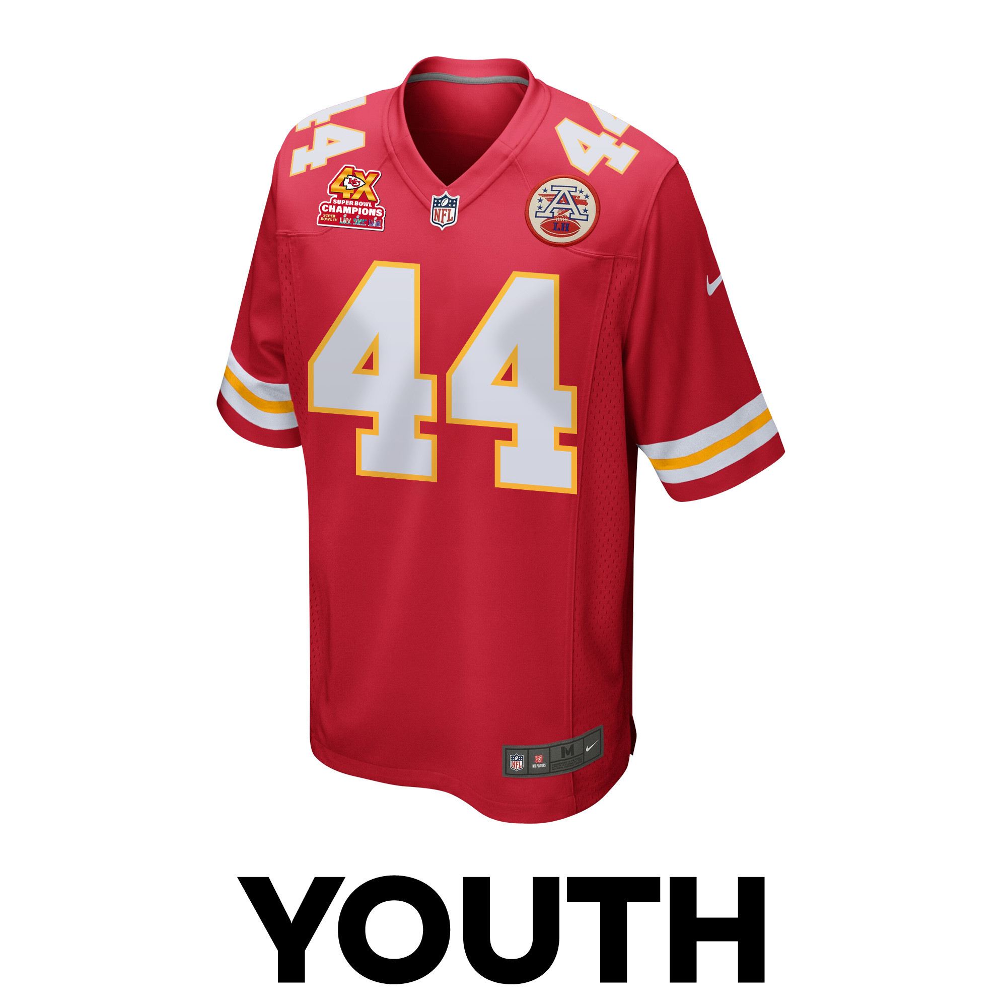 Alternative view of Cam Jones 44 Kansas City Chiefs Super Bowl LVIII Champions 4X Game YOUTH Jersey - Red JS5281 nicesnker