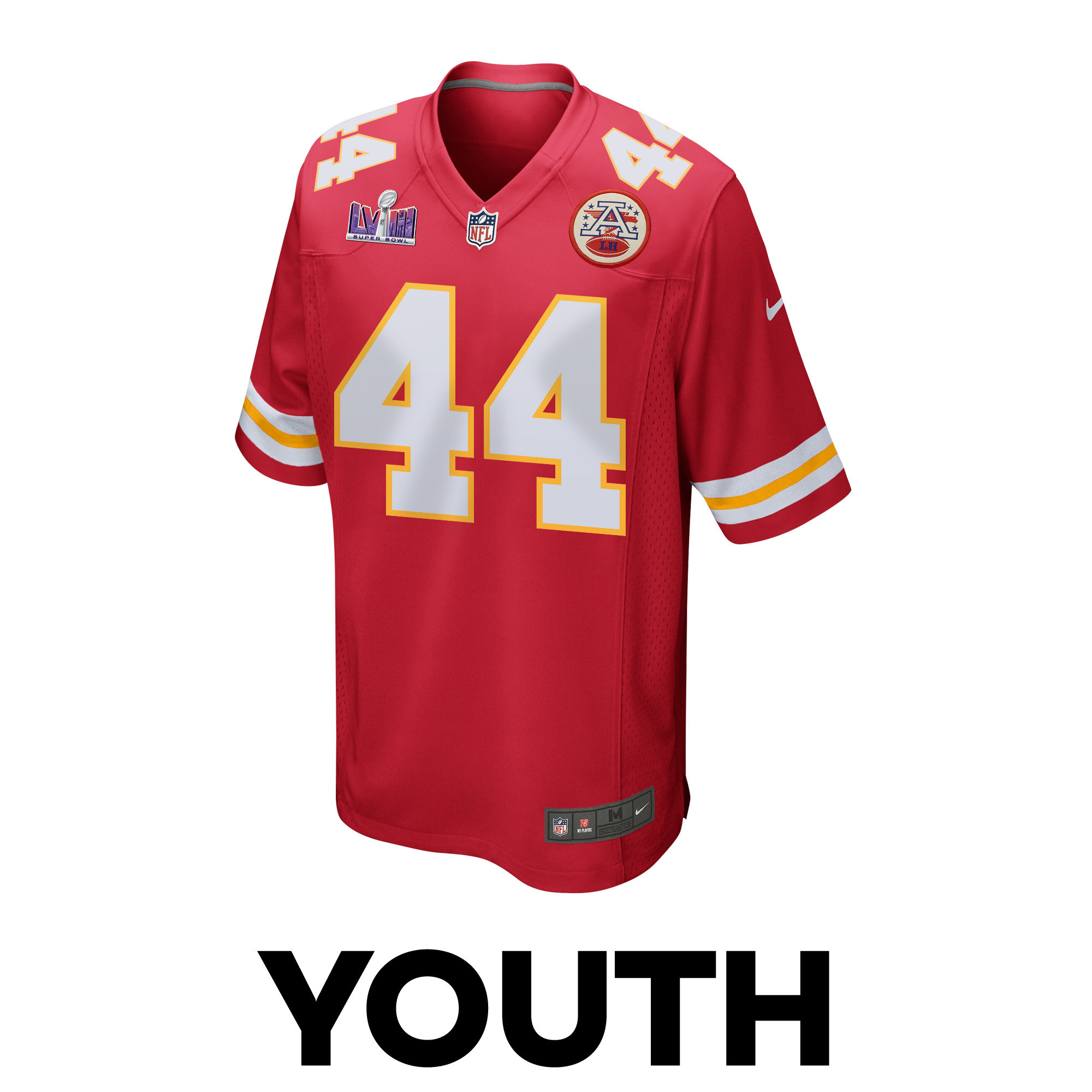 Alternative view of Cam Jones 44 Kansas City Chiefs Super Bowl LVIII Patch Game YOUTH Jersey - Red JS7523 nicesnker