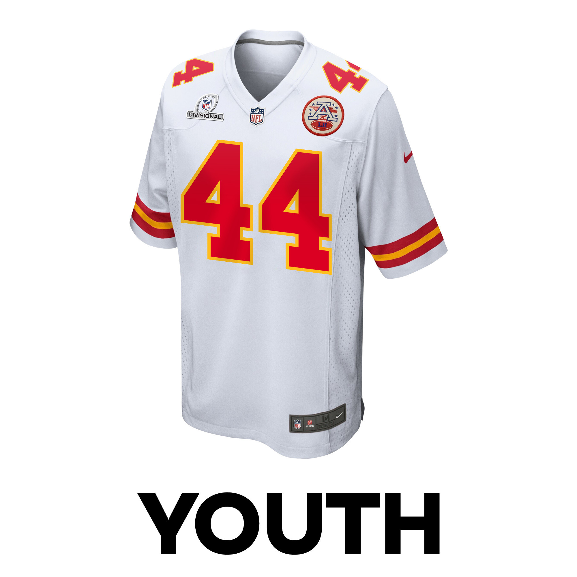 Alternative view of Cam Jones 44 Kansas City Chiefs Super Bowl LVIII Patch Game YOUTH Jersey - White JS1281 nicesnker