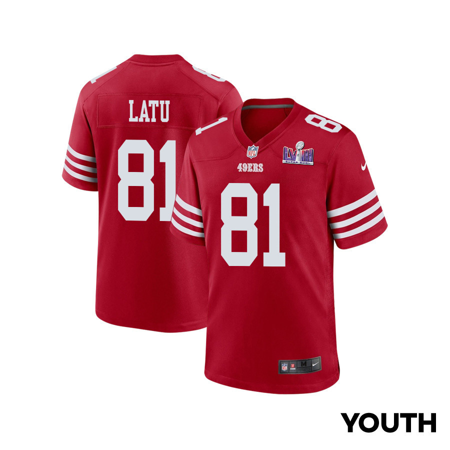 Cameron Latu 81 San Francisco 49ers Super Bowl LVIII Patch Game YOUTH Jersey - Scarlet JS6151 nicesnker