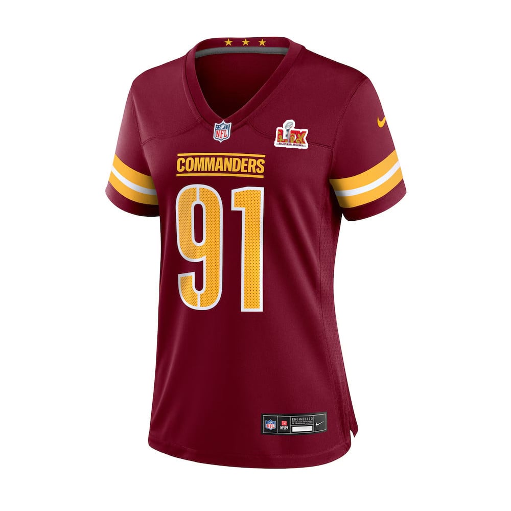 Alternative view of Carl Davis Jr. #91 Washington Commanders Super Bowl LIX Women's Jersey - Burgundy JS9431 nicesnker