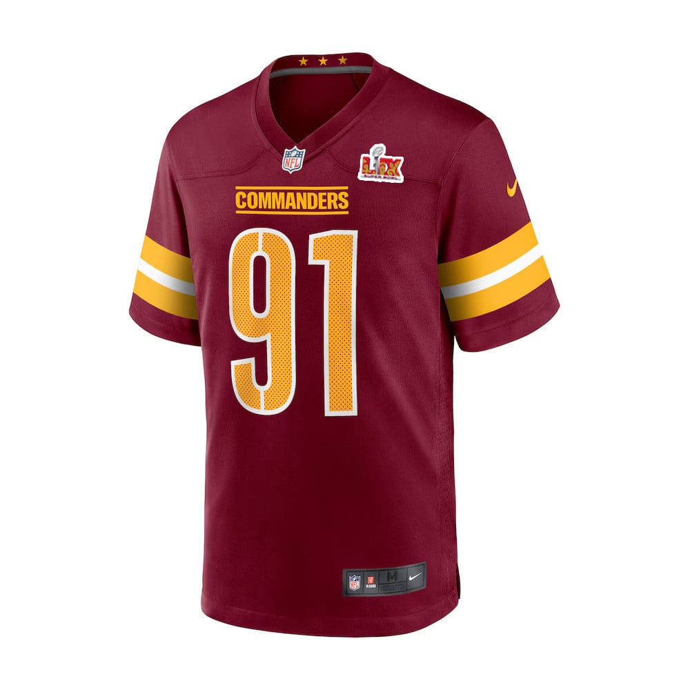 Alternative view of Carl Davis Jr. #91 Washington Commanders Super Bowl LIX Youth Jersey - Burgundy JS3870 nicesnker