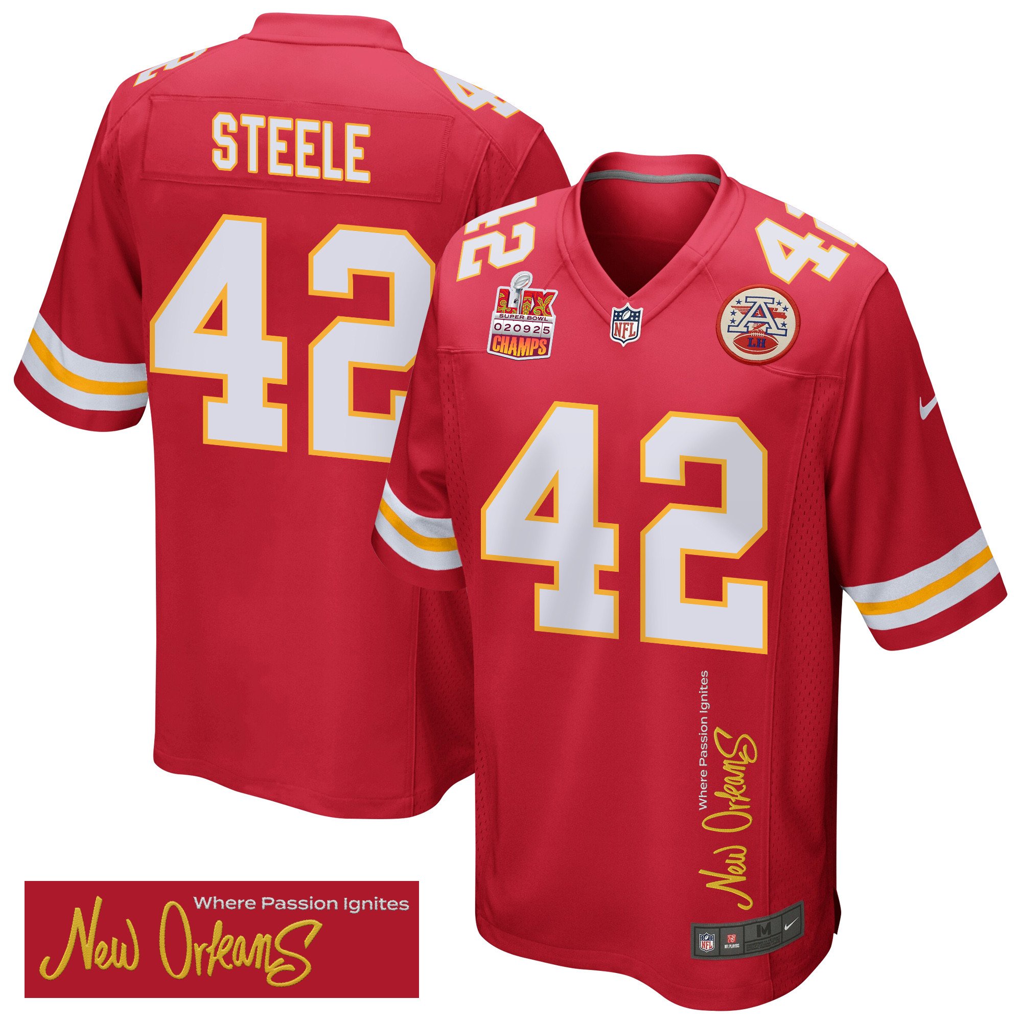 Carson Steele 42 Kansas City Chiefs Super Bowl LIX Champions Patch 'New Orleans - Where Passion Ignites' EMBROIDERED Game Men Jersey - Red JS1623 nicesnker