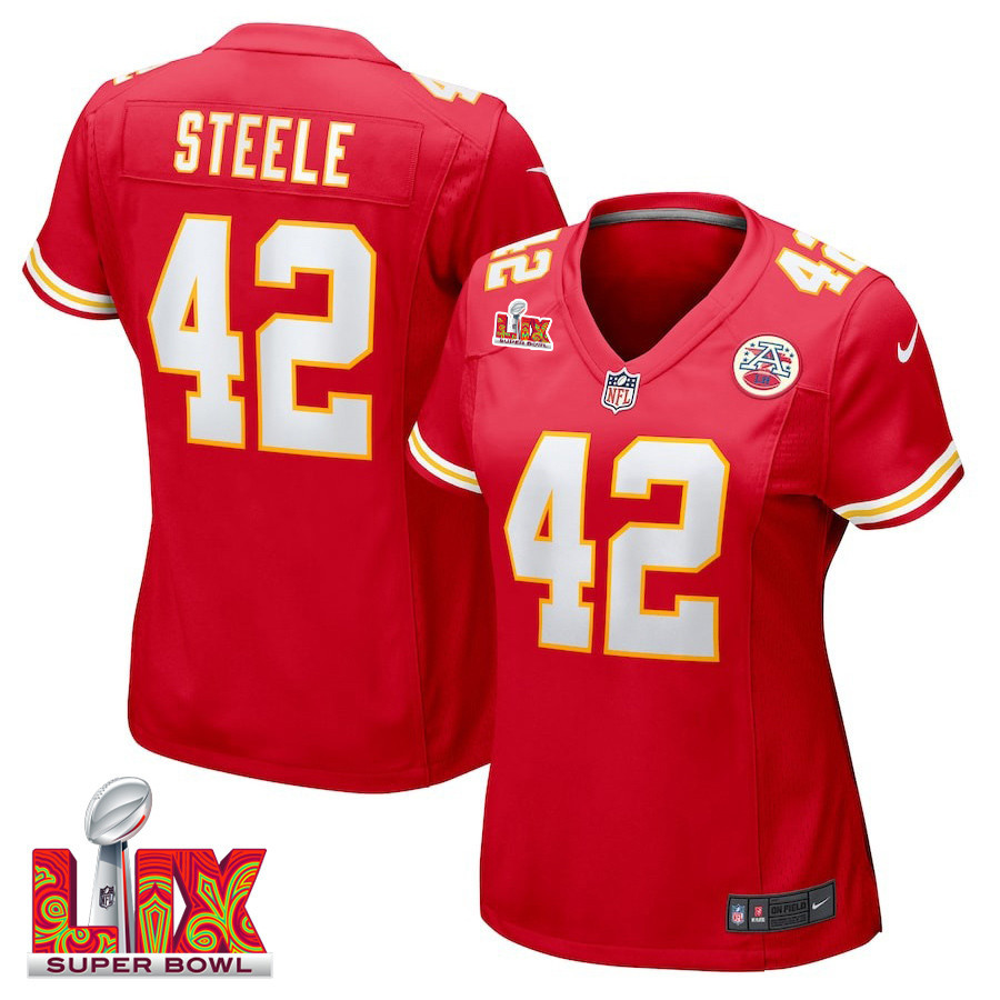 Carson Steele #42 Kansas City Chiefs Super Bowl LIX Women's Jersey - Red JS3686 nicesnker