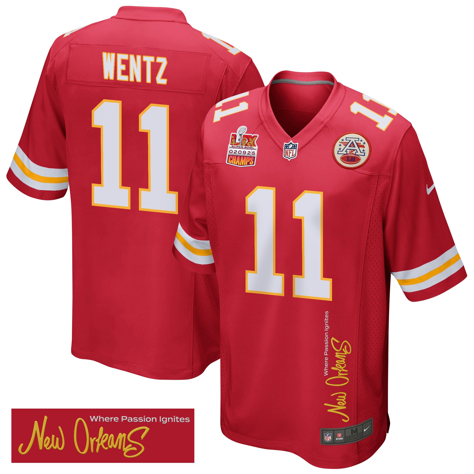 Carson Wentz 11 Kansas City Chiefs Super Bowl LIX Champions Patch 'New Orleans - Where Passion Ignites' EMBROIDERED Game Men Jersey - Red JS8412 nicesnker