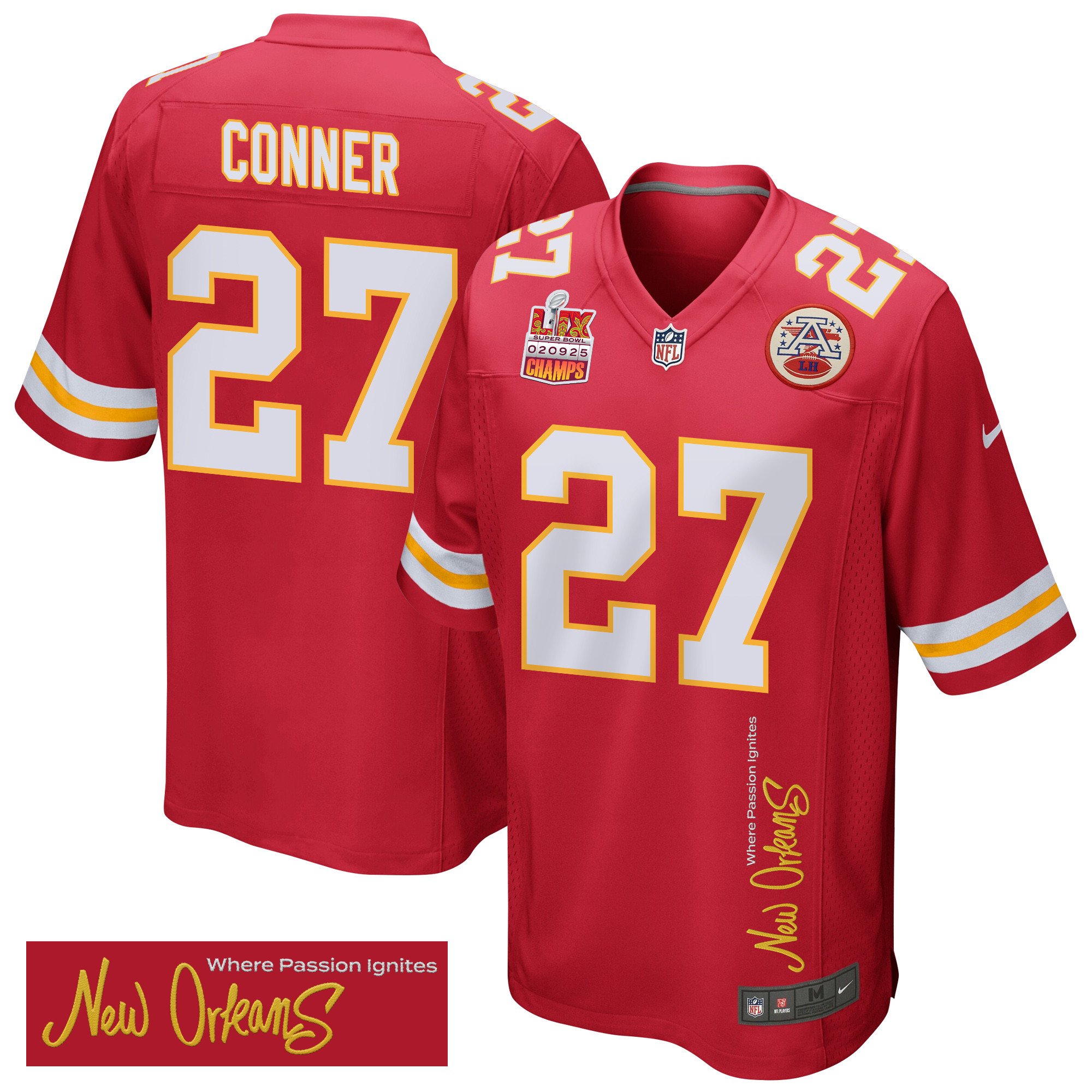 Chamarri Conner 27 Kansas City Chiefs Super Bowl LIX Champions Patch 'New Orleans - Where Passion Ignites' EMBROIDERED Game Men Jersey - Red JS8710 nicesnker