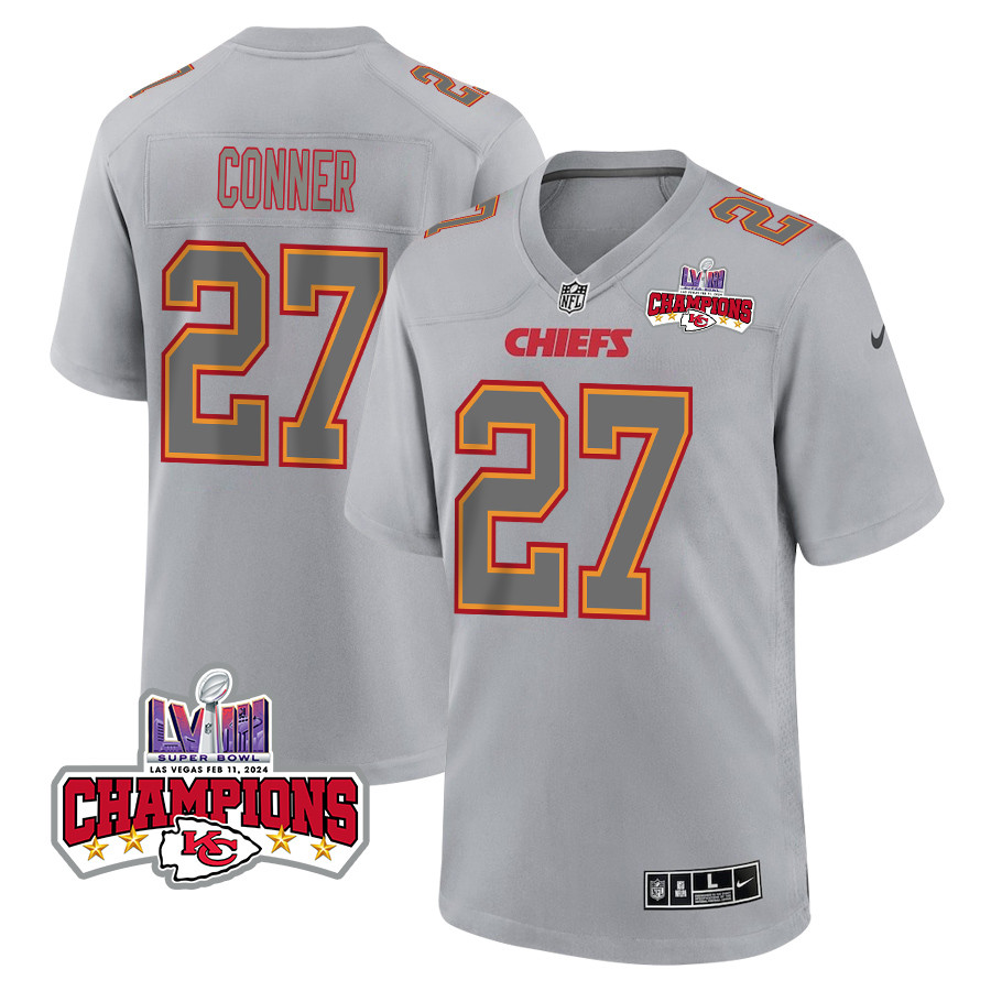Chamarri Conner 27 Kansas City Chiefs Super Bowl LVIII Champions 4 Stars Patch Atmosphere Fashion Game Men Jersey - Gray JS3138 nicesnker