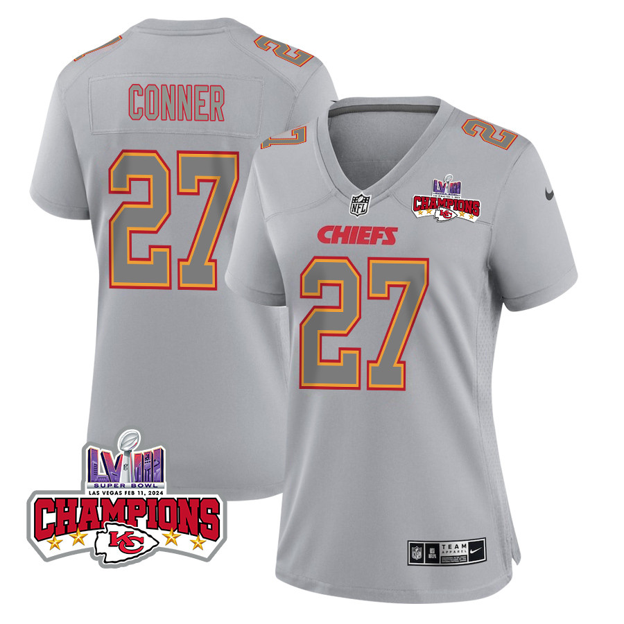 Chamarri Conner 27 Kansas City Chiefs Super Bowl LVIII Champions 4 Stars Patch Atmosphere Fashion Game Women Jersey - Gray JS5488 nicesnker