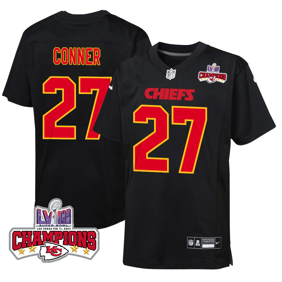 Chamarri Conner 27 Kansas City Chiefs Super Bowl LVIII Champions 4 Stars Patch Fashion Game YOUTH Jersey - Carbon Black JS6582 nicesnker