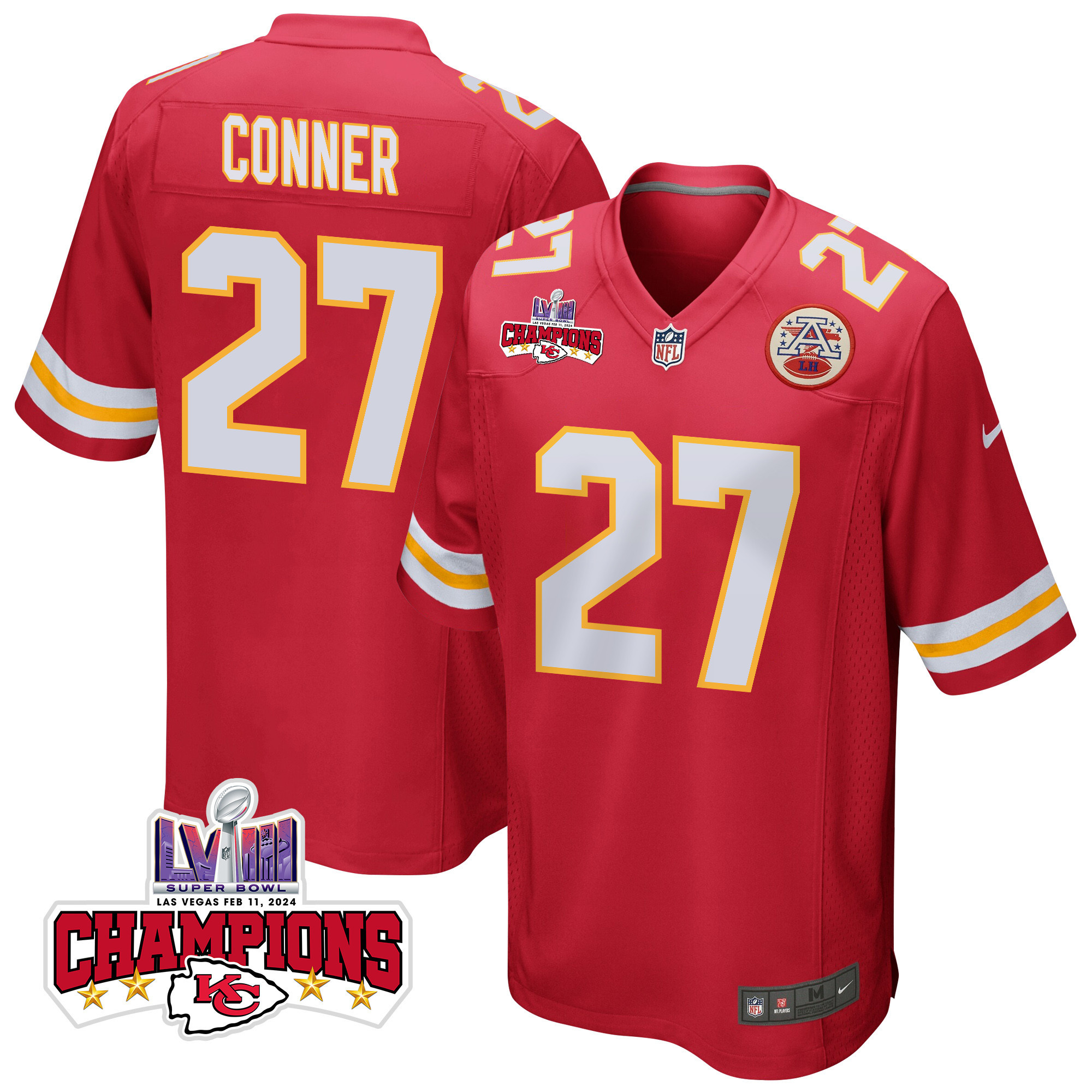 Chamarri Conner 27 Kansas City Chiefs Super Bowl LVIII Champions 4 Stars Patch Game Men Jersey - Red JS1773 nicesnker