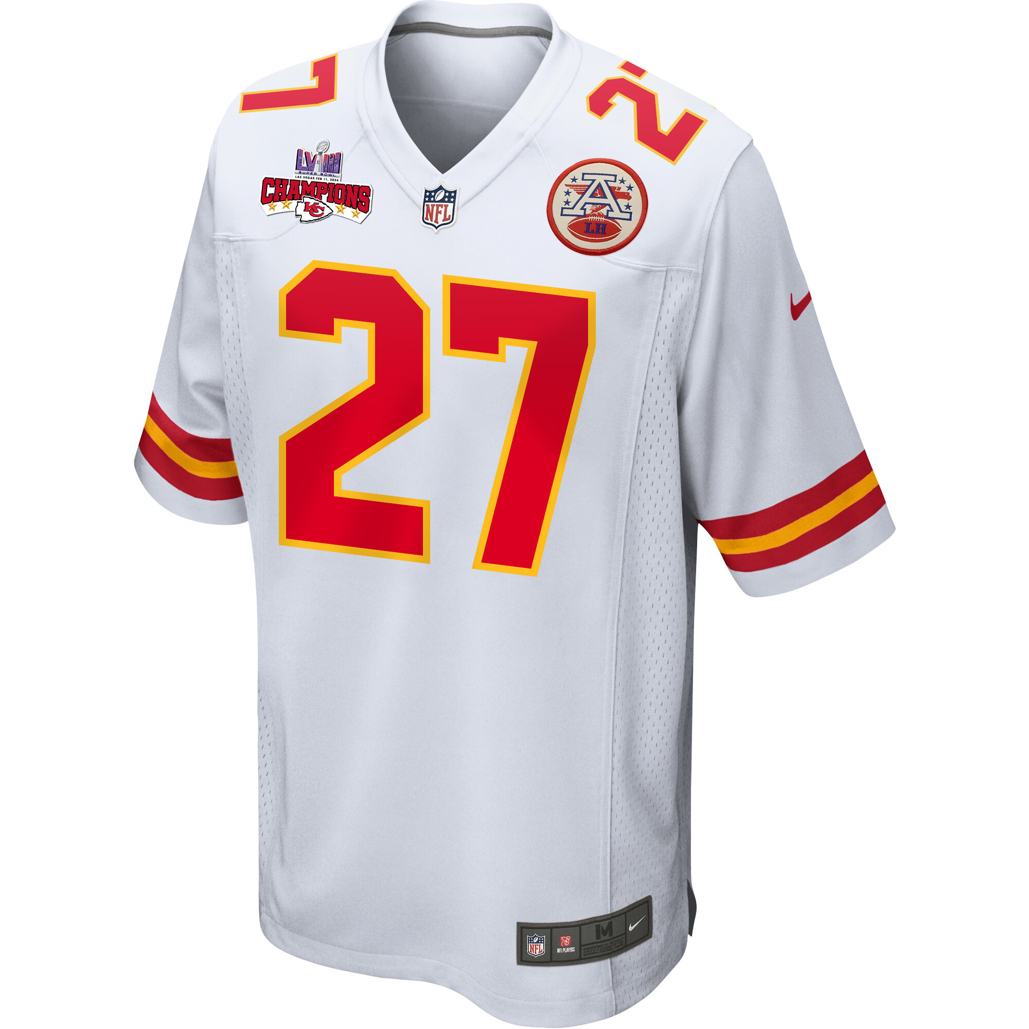 Alternative view of Chamarri Conner 27 Kansas City Chiefs Super Bowl LVIII Champions 4 Stars Patch Game Men Jersey - White JS4859 nicesnker