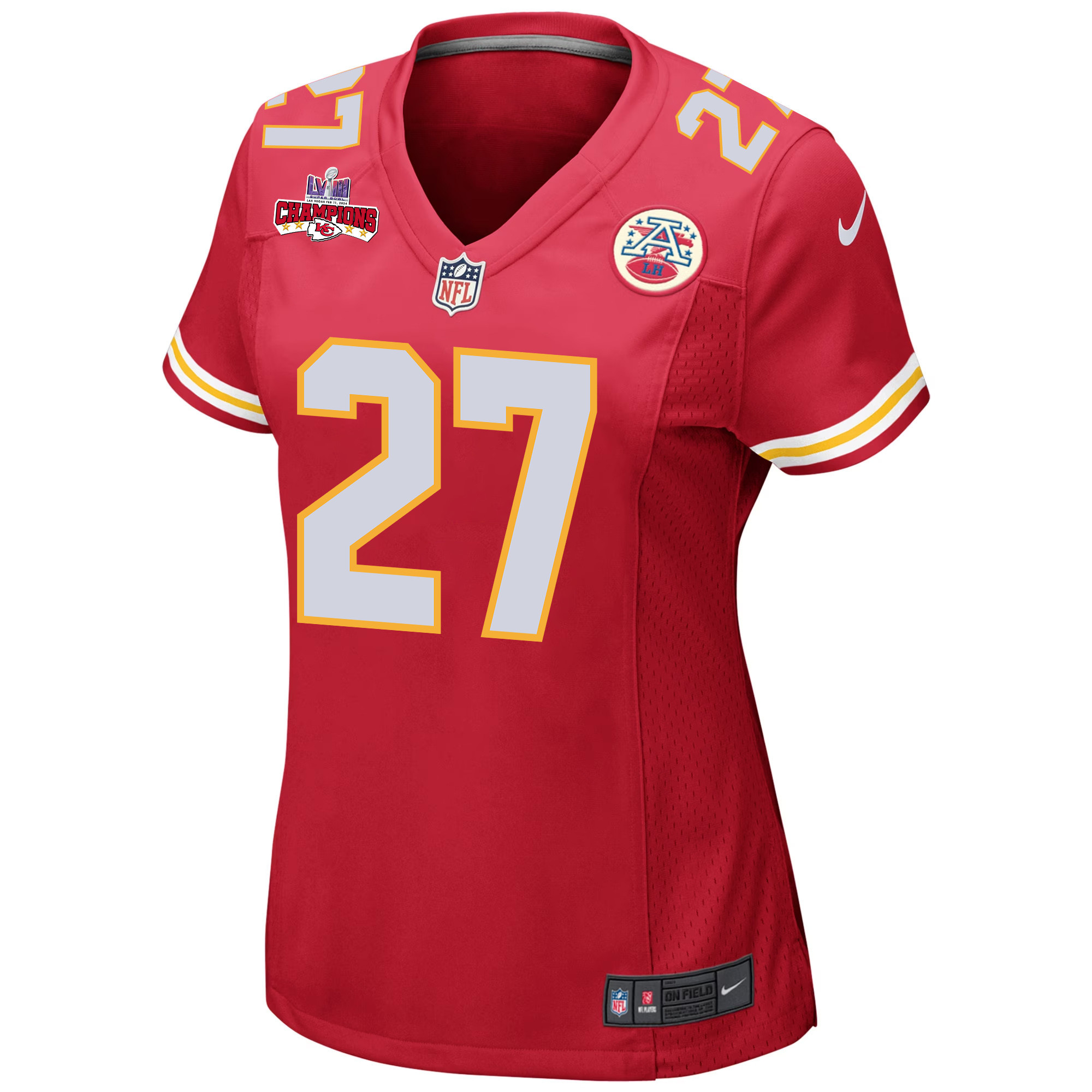 Alternative view of Chamarri Conner 27 Kansas City Chiefs Super Bowl LVIII Champions 4 Stars Patch Game Women Jersey - Red JS9886 nicesnker