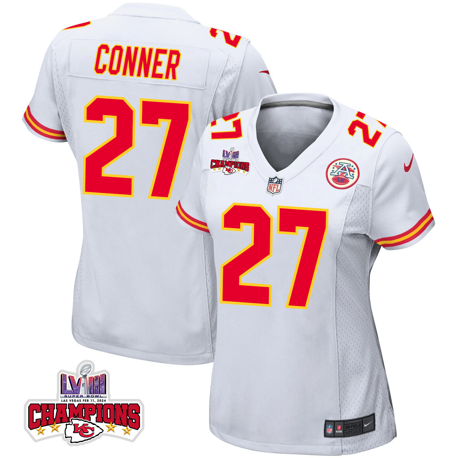 Chamarri Conner 27 Kansas City Chiefs Super Bowl LVIII Champions 4 Stars Patch Game Women Jersey - White JS5578 nicesnker