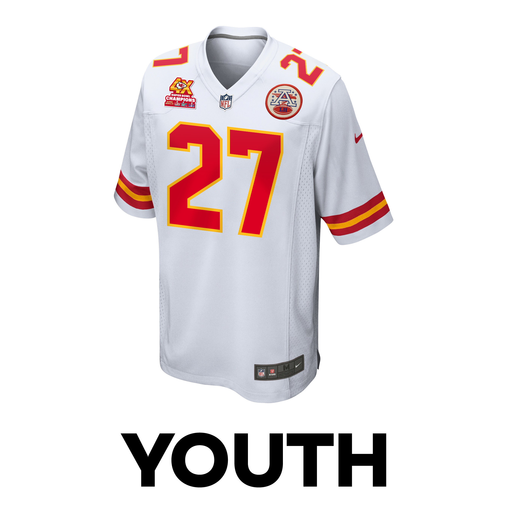 Alternative view of Chamarri Conner 27 Kansas City Chiefs Super Bowl LVIII Champions 4X Game YOUTH Jersey - White JS9939 nicesnker