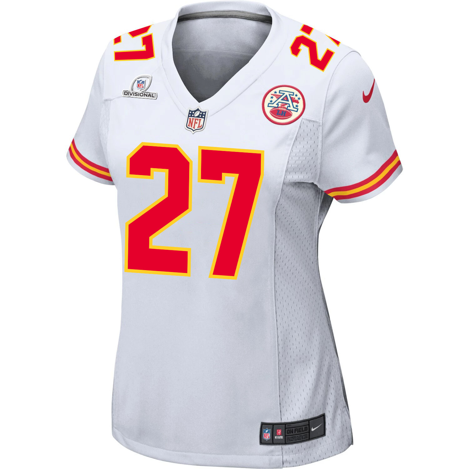 Alternative view of Chamarri Conner 27 Kansas City Chiefs Super Bowl LVIII Patch Game Women Jersey - White JS7702 nicesnker