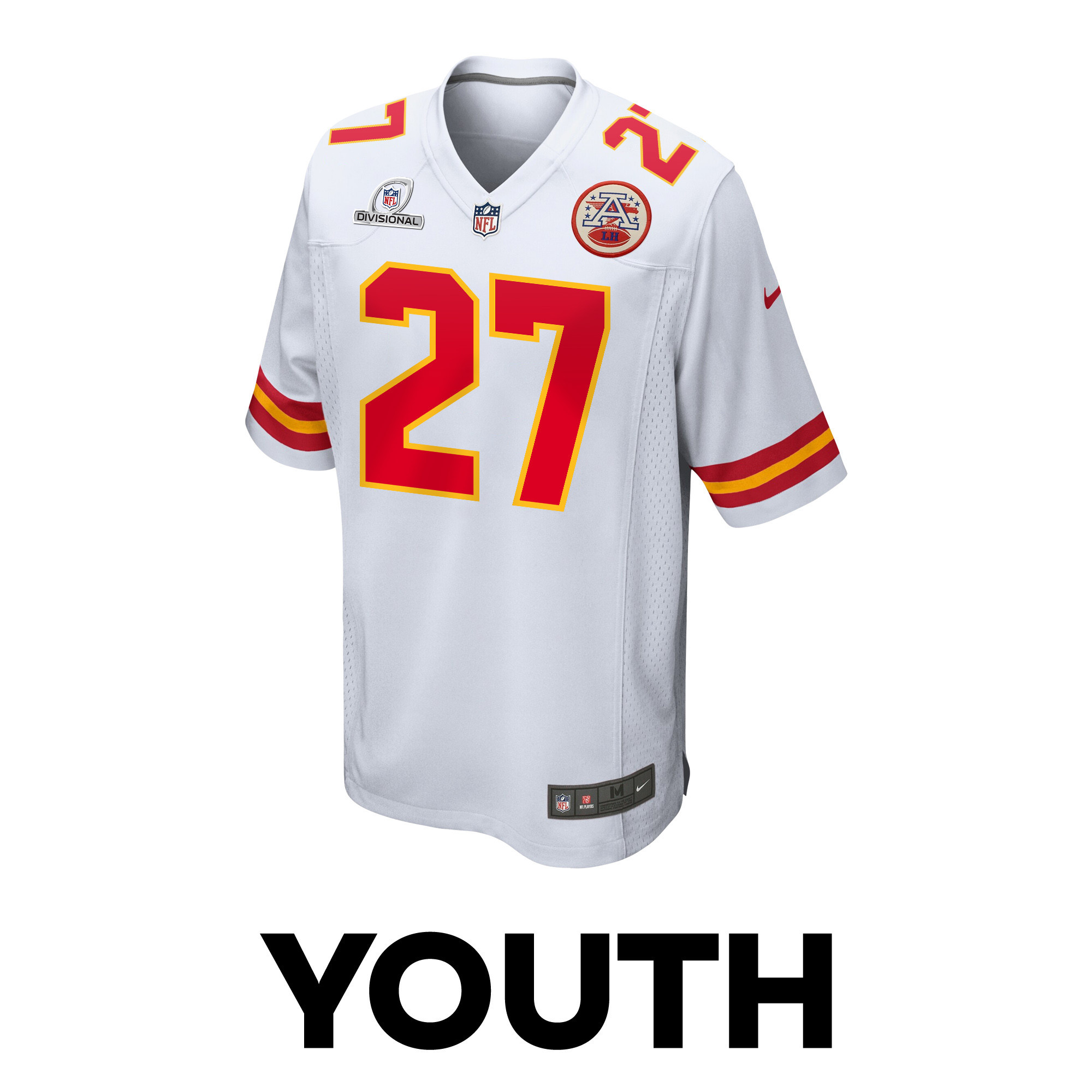 Alternative view of Chamarri Conner 27 Kansas City Chiefs Super Bowl LVIII Patch Game YOUTH Jersey - White JS2366 nicesnker