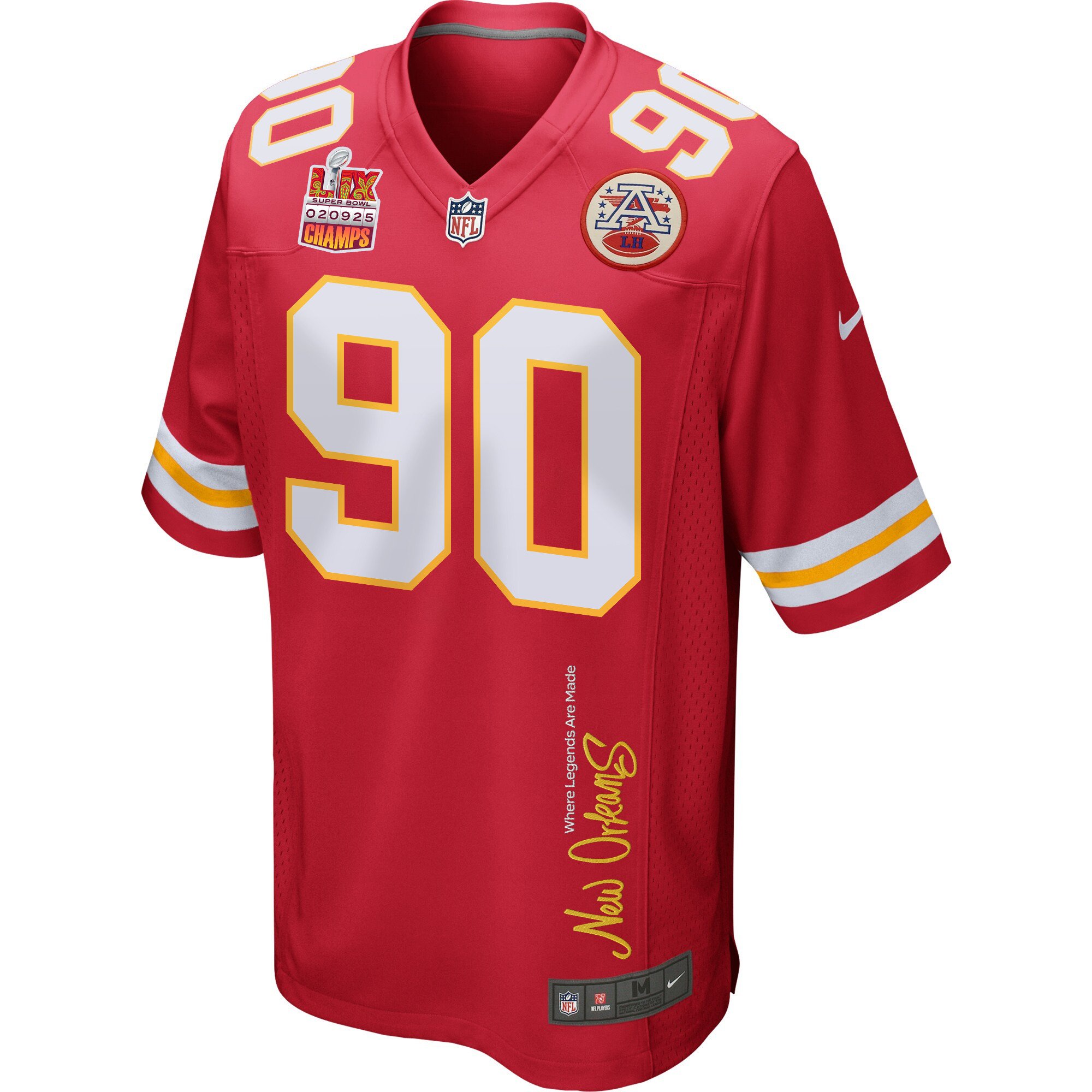 Charles Omenihu 90 Kansas City Chiefs Super Bowl LIX Champions Patch 'New Orleans - Where Legends Are Made' EMBROIDERED Game Men Jersey - Red JS9014 nicesnker - Image 3