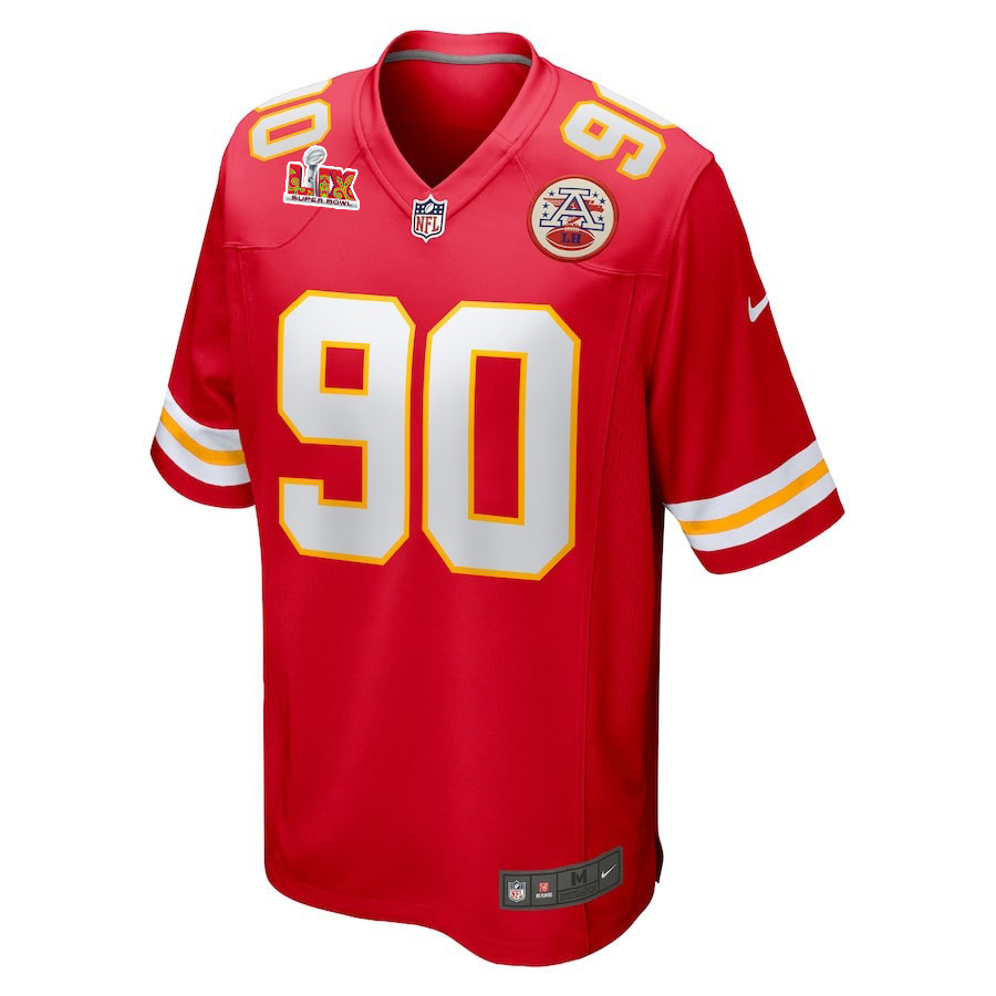 Alternative view of Charles Omenihu #90 Kansas City Chiefs Super Bowl LIX YOUTH Jersey - Red JS4047 nicesnker