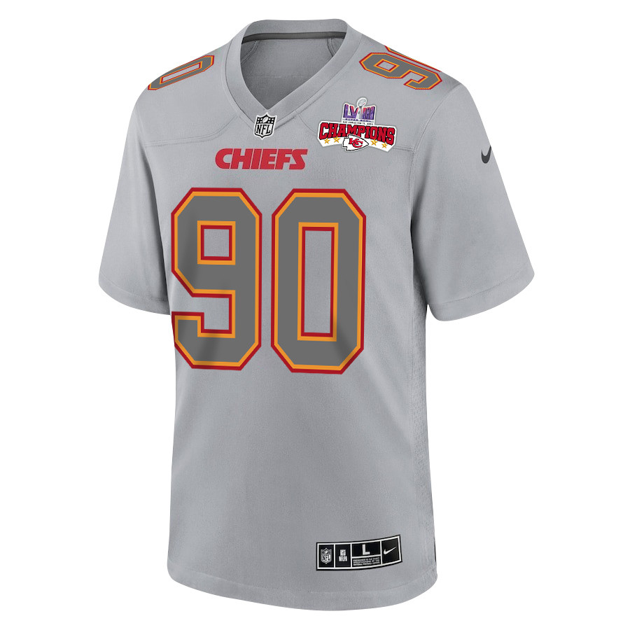 Alternative view of Charles Omenihu 90 Kansas City Chiefs Super Bowl LVIII Champions 4 Stars Patch Atmosphere Fashion Game Men Jersey - Gray JS1364 nicesnker