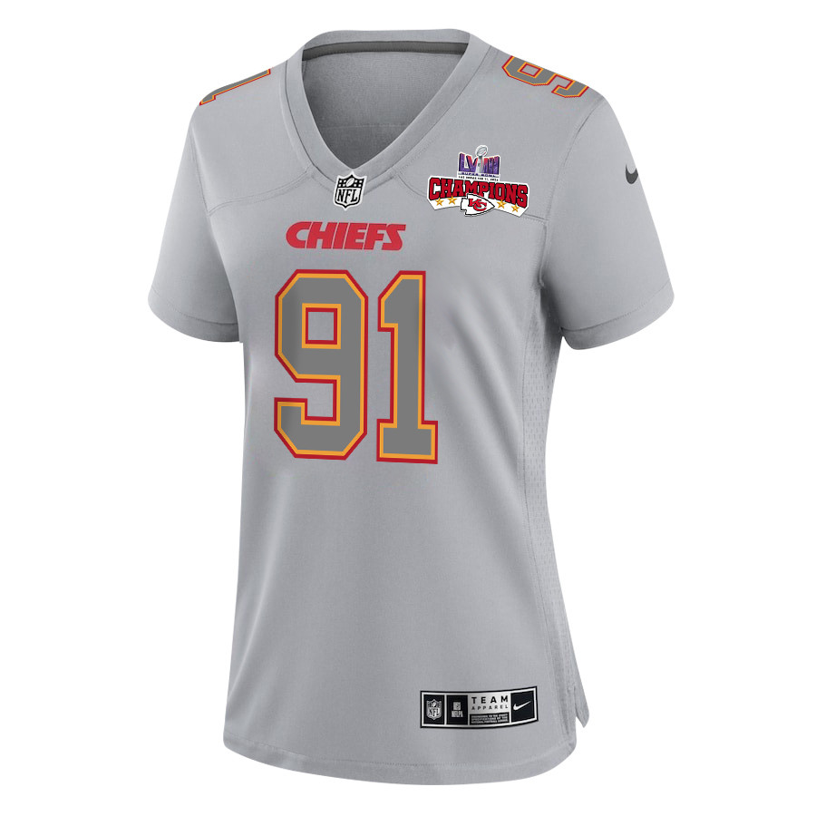 Alternative view of Charles Omenihu 90 Kansas City Chiefs Super Bowl LVIII Champions 4 Stars Patch Atmosphere Fashion Game Women Jersey - Gray JS1219 nicesnker