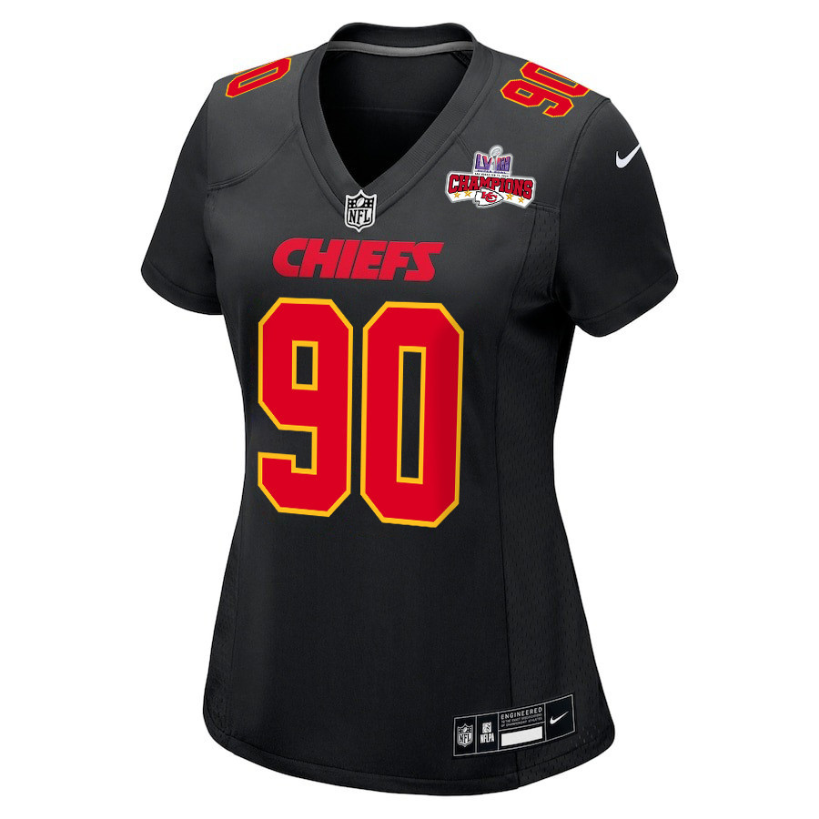 Alternative view of Charles Omenihu 90 Kansas City Chiefs Super Bowl LVIII Champions 4 Stars Patch Fashion Game Women Jersey - Carbon Black JS4994 nicesnker