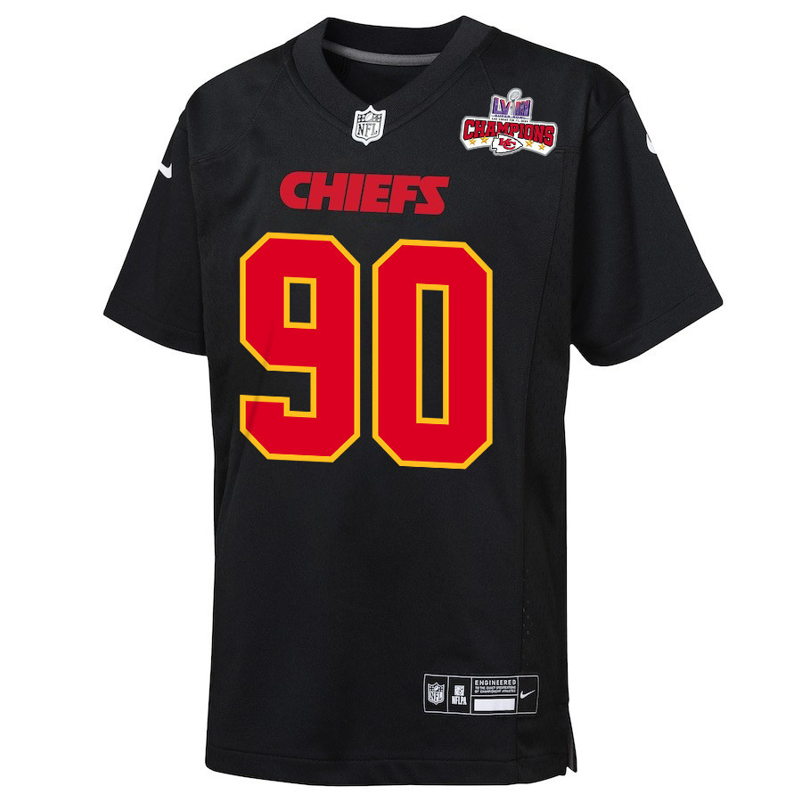 Alternative view of Charles Omenihu 90 Kansas City Chiefs Super Bowl LVIII Champions 4 Stars Patch Fashion Game YOUTH Jersey - Carbon Black JS8614 nicesnker