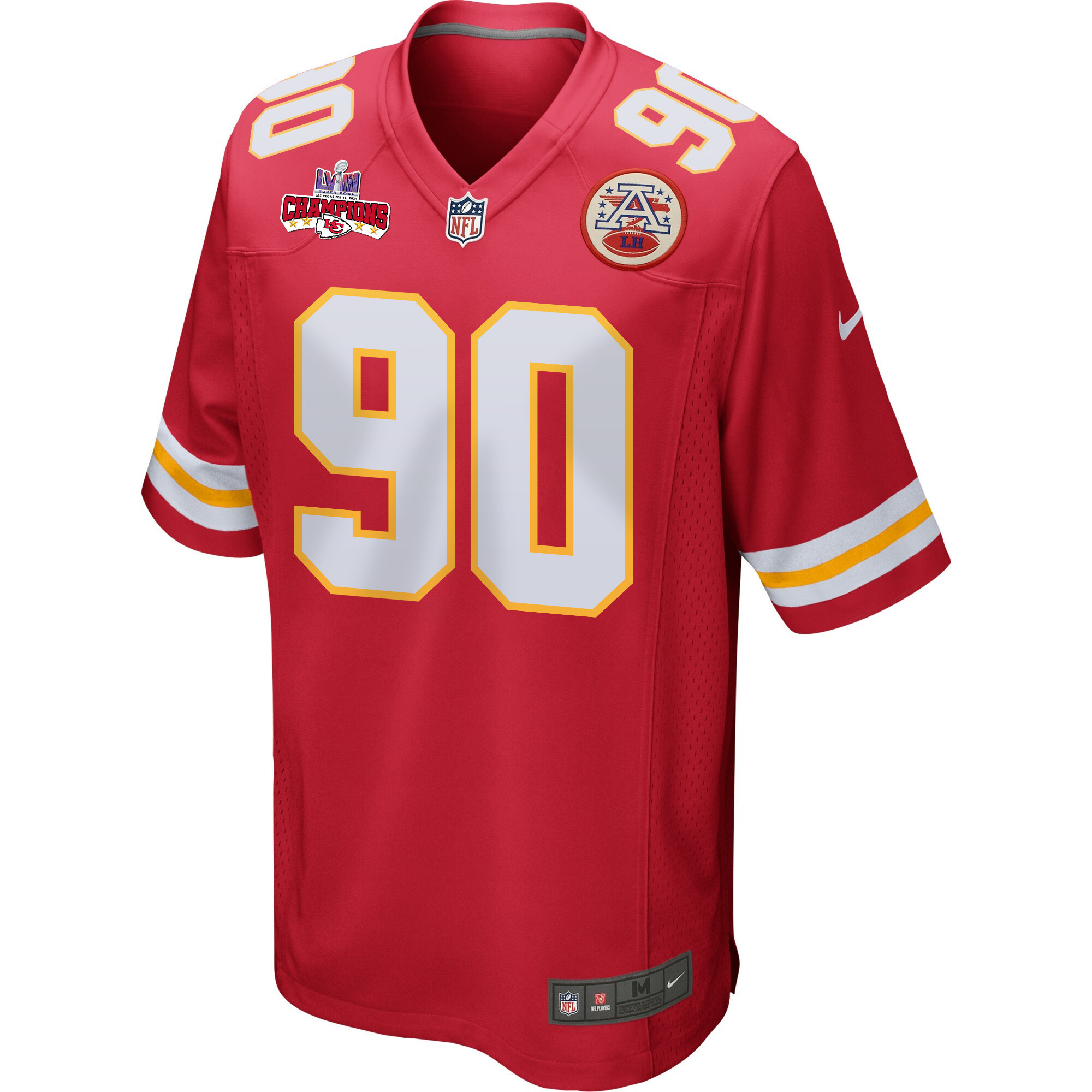 Alternative view of Charles Omenihu 90 Kansas City Chiefs Super Bowl LVIII Champions 4 Stars Patch Game Men Jersey - Red JS2814 nicesnker