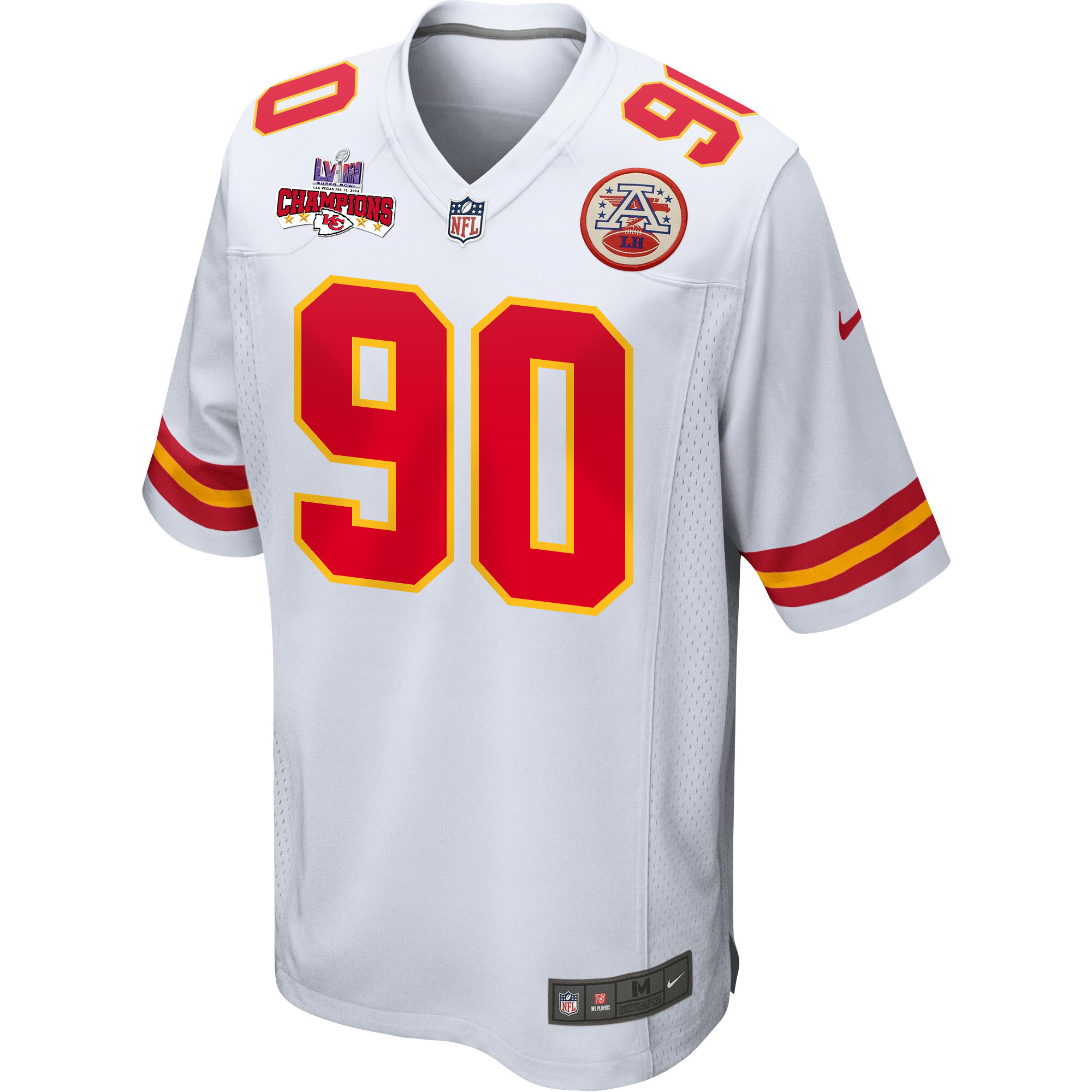 Alternative view of Charles Omenihu 90 Kansas City Chiefs Super Bowl LVIII Champions 4 Stars Patch Game Men Jersey - White JS2249 nicesnker