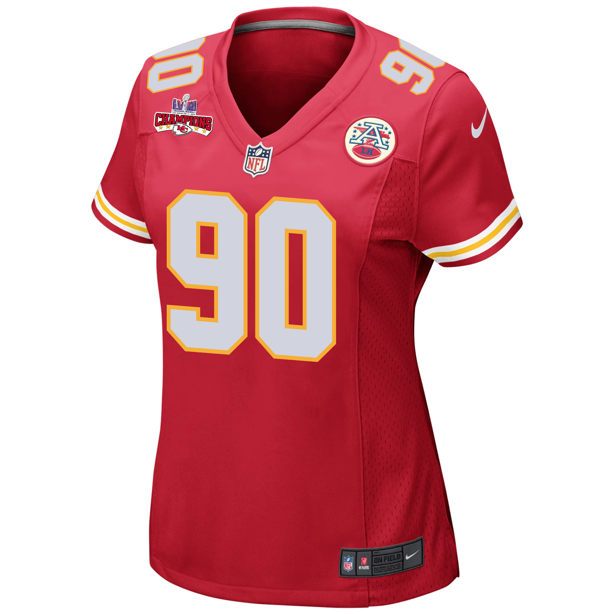 Alternative view of Charles Omenihu 90 Kansas City Chiefs Super Bowl LVIII Champions 4 Stars Patch Game Women Jersey - Red JS1708 nicesnker