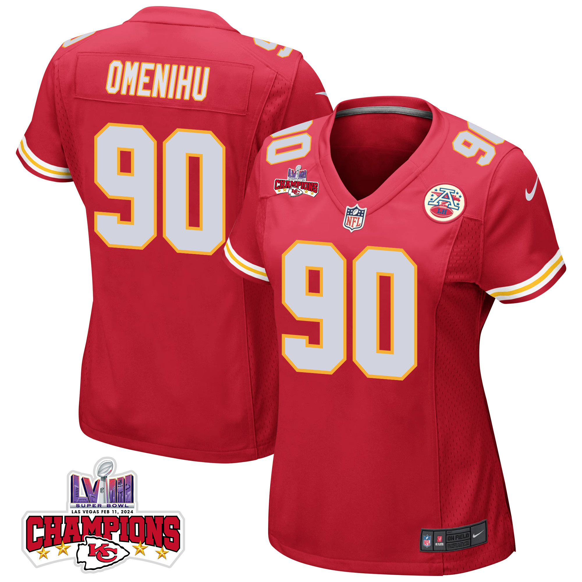 Charles Omenihu 90 Kansas City Chiefs Super Bowl LVIII Champions 4 Stars Patch Game Women Jersey - Red JS1708 nicesnker
