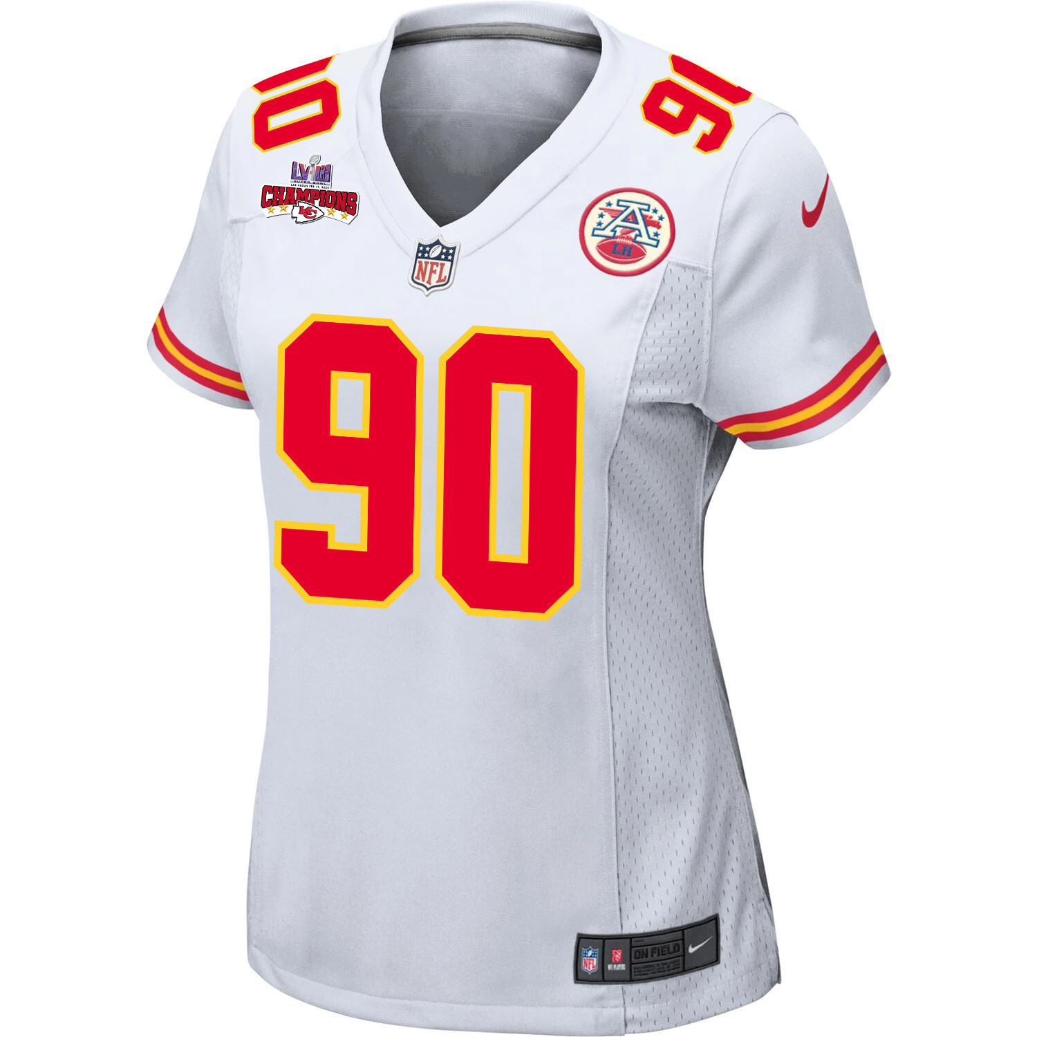 Alternative view of Charles Omenihu 90 Kansas City Chiefs Super Bowl LVIII Champions 4 Stars Patch Game Women Jersey - White JS7404 nicesnker