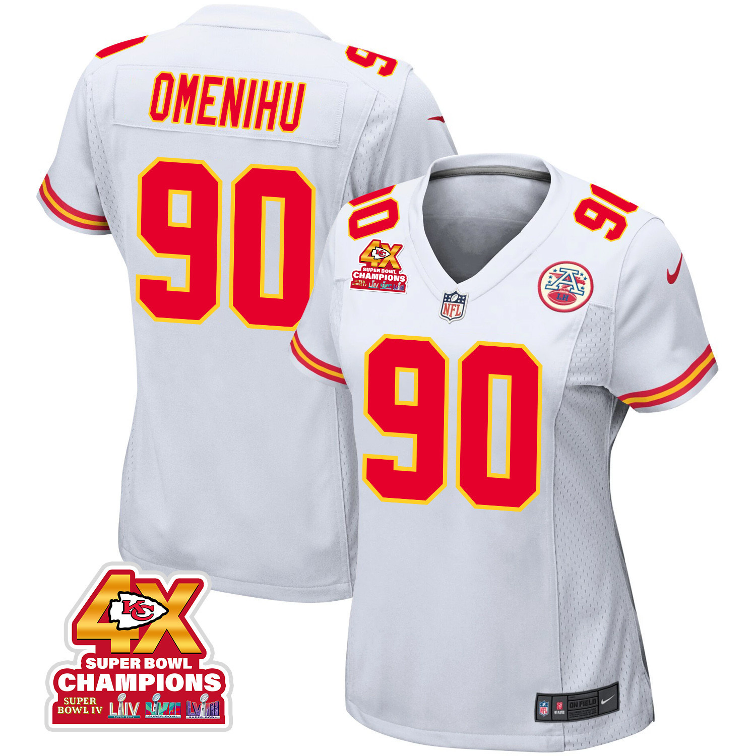 Charles Omenihu 90 Kansas City Chiefs Super Bowl LVIII Champions 4X Game Women Jersey - White JS1997 nicesnker