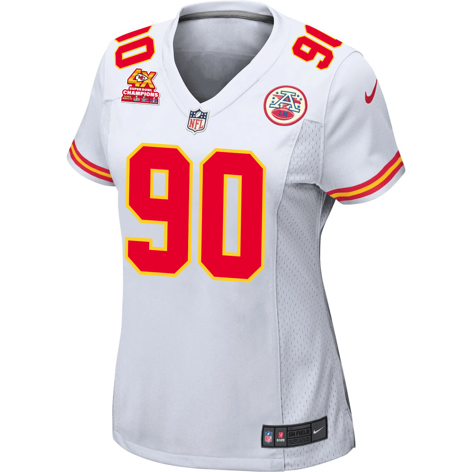 Alternative view of Charles Omenihu 90 Kansas City Chiefs Super Bowl LVIII Champions 4X Game Women Jersey - White JS1997 nicesnker