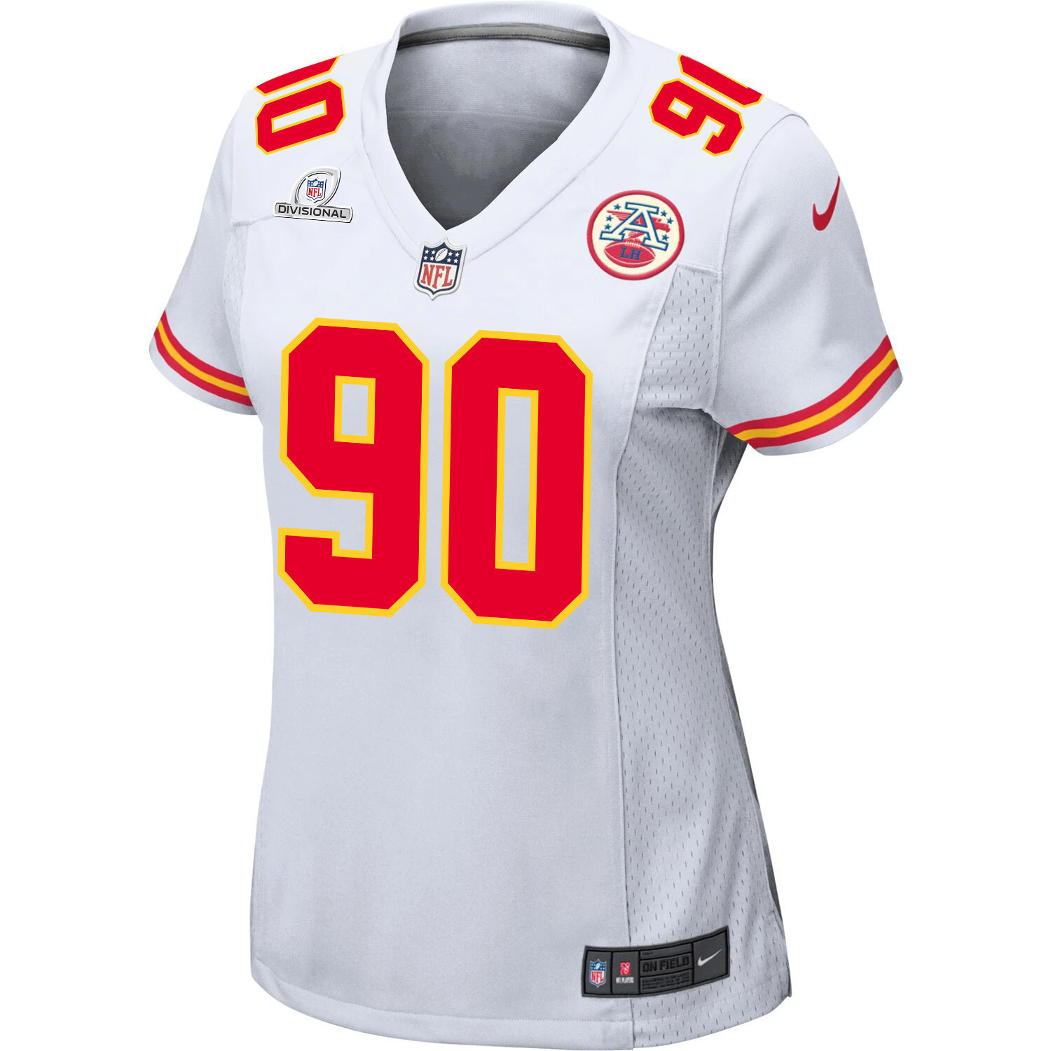 Alternative view of Charles Omenihu 90 Kansas City Chiefs Super Bowl LVIII Patch Game Women Jersey - White JS7632 nicesnker
