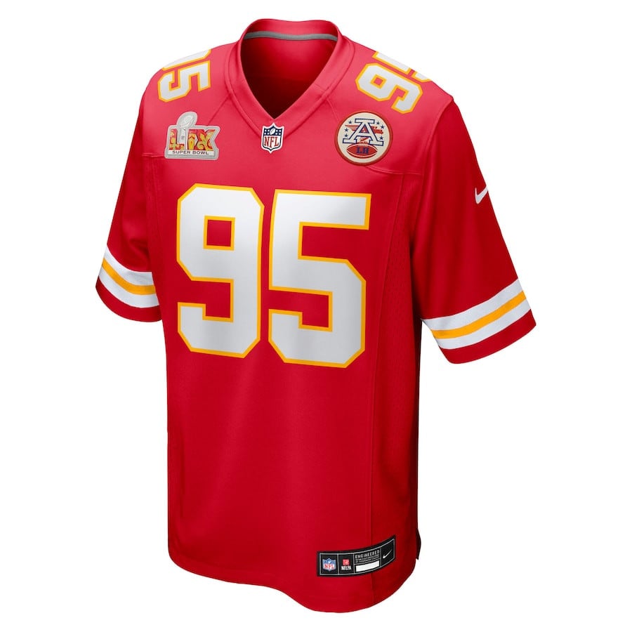 Alternative view of Chris Jones 95 Kansas City Chiefs Super Bowl LIX Game Jersey - Red JS5470 nicesnker