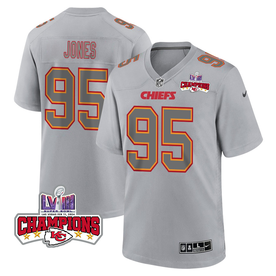 Chris Jones 95 Kansas City Chiefs Super Bowl LVIII Champions 4 Stars Patch Atmosphere Fashion Game Men Jersey - Gray JS9545 nicesnker