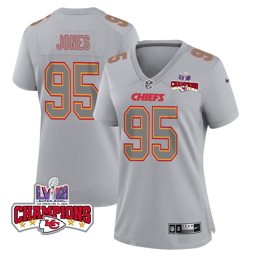 Chris Jones 95 Kansas City Chiefs Super Bowl LVIII Champions 4 Stars Patch Atmosphere Fashion Game Women Jersey - Gray JS1849 nicesnker