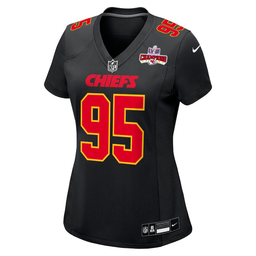 Alternative view of Chris Jones 95 Kansas City Chiefs Super Bowl LVIII Champions 4 Stars Patch Fashion Game Women Jersey - Carbon Black JS4836 nicesnker