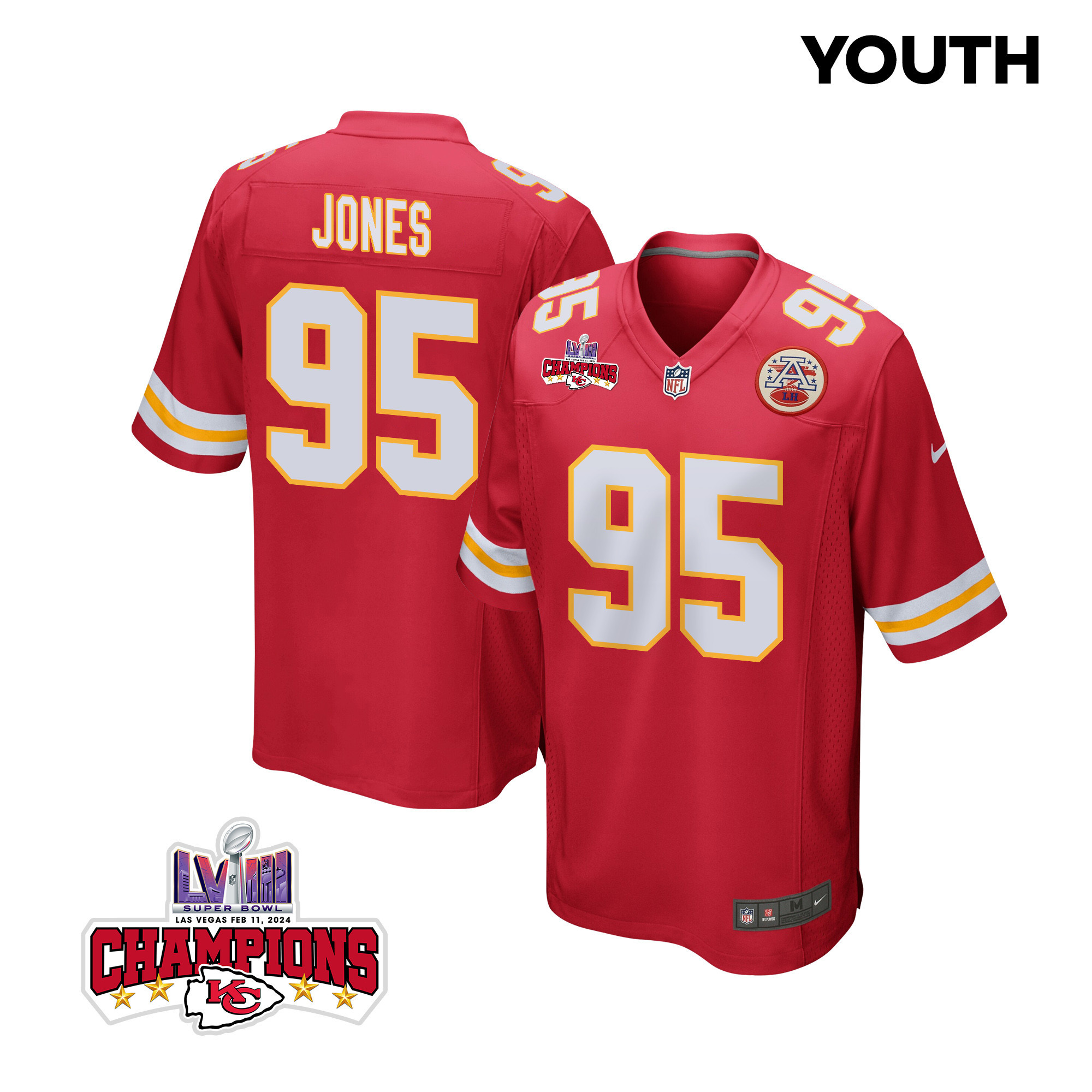 Chris Jones 95 Kansas City Chiefs Super Bowl LVIII Champions 4 Stars Patch Game YOUTH Jersey - Red JS1309 nicesnker