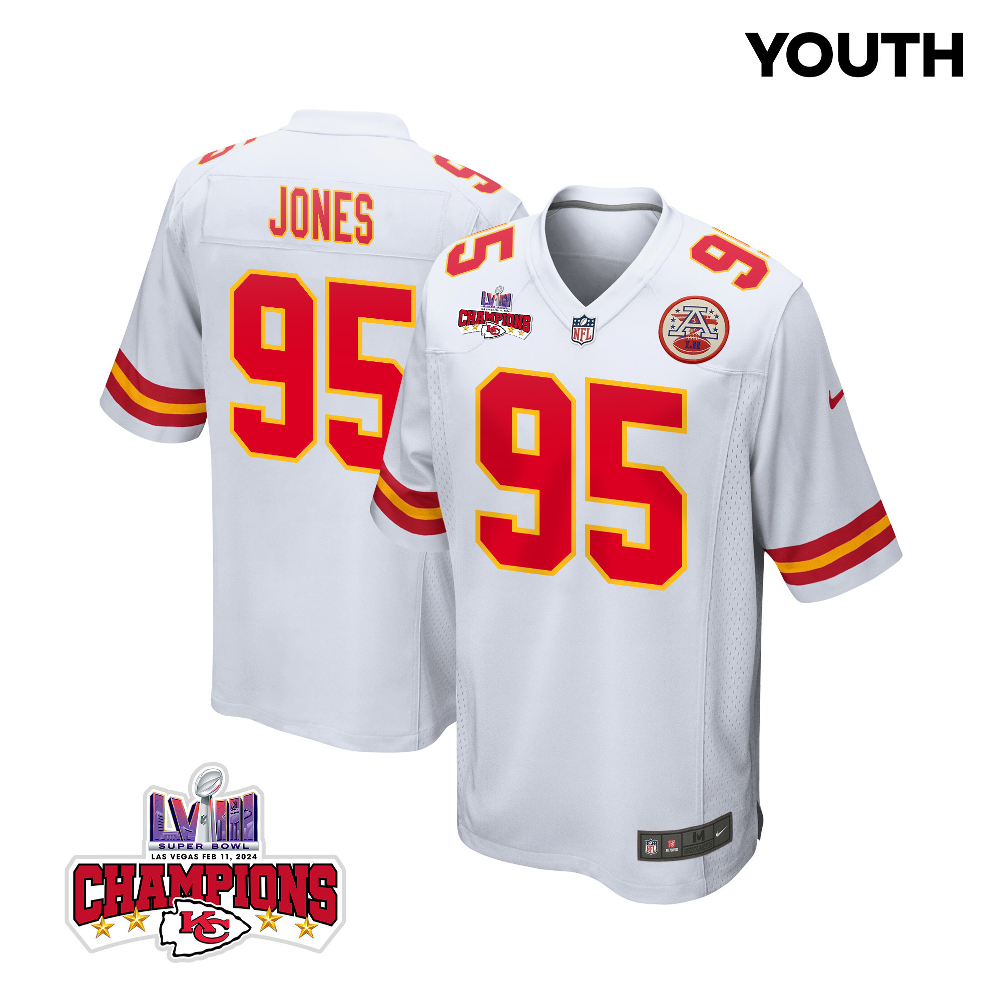Chris Jones 95 Kansas City Chiefs Super Bowl LVIII Champions 4 Stars Patch Game YOUTH Jersey - White JS1717 nicesnker