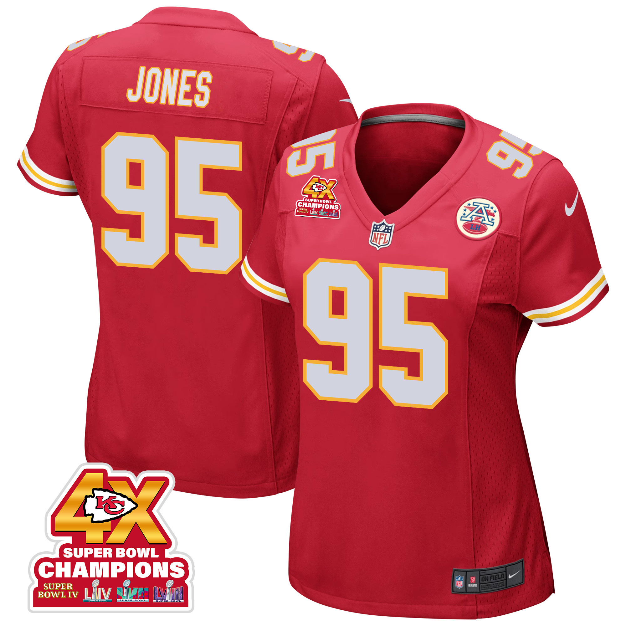 Chris Jones 95 Kansas City Chiefs Super Bowl LVIII Champions 4X Game Women Jersey - Red JS6096 nicesnker