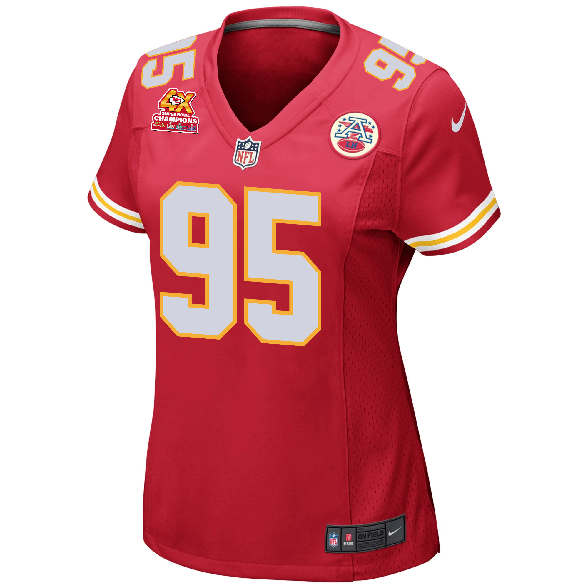Alternative view of Chris Jones 95 Kansas City Chiefs Super Bowl LVIII Champions 4X Game Women Jersey - Red JS6096 nicesnker