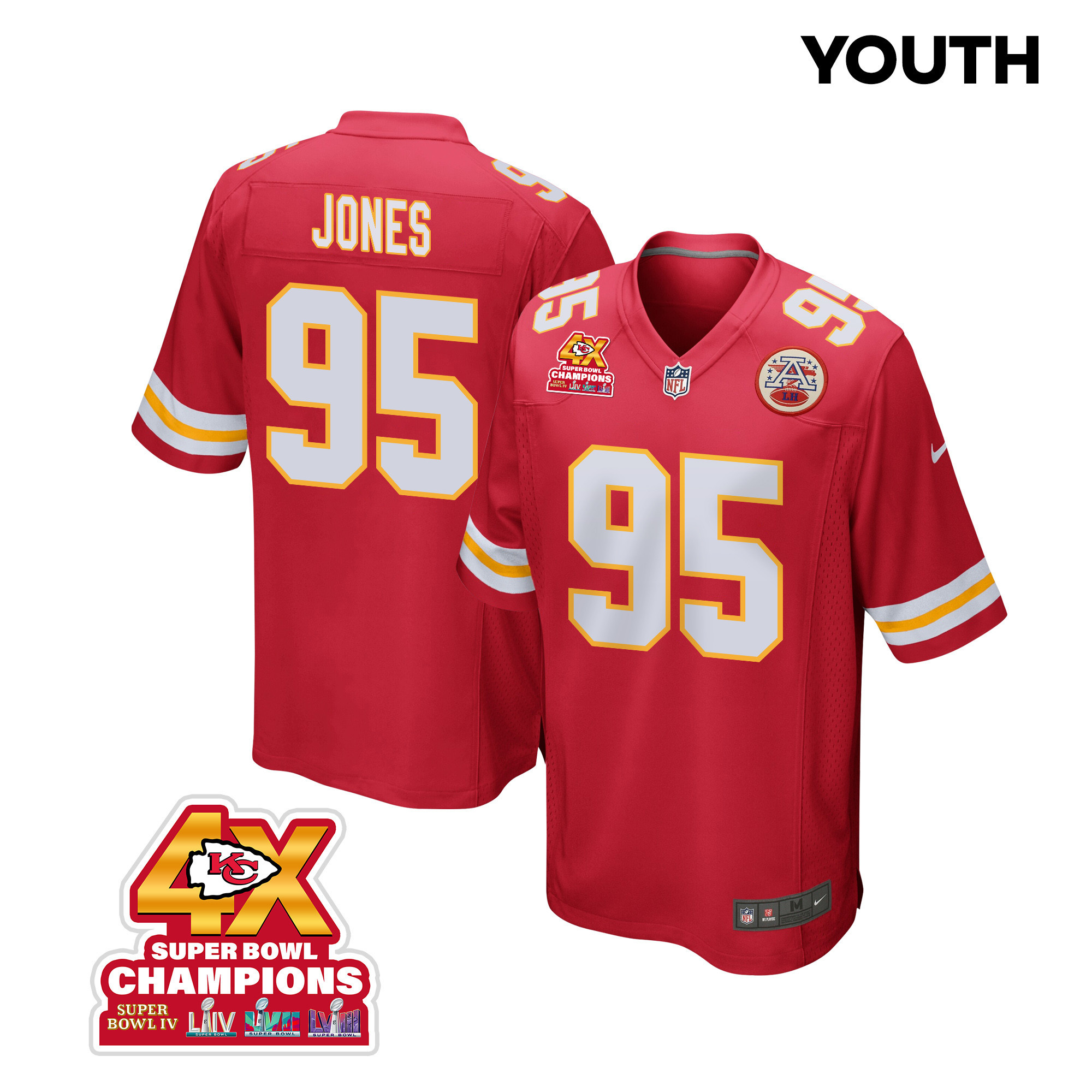 Chris Jones 95 Kansas City Chiefs Super Bowl LVIII Champions 4X Game YOUTH Jersey - Red JS6765 nicesnker