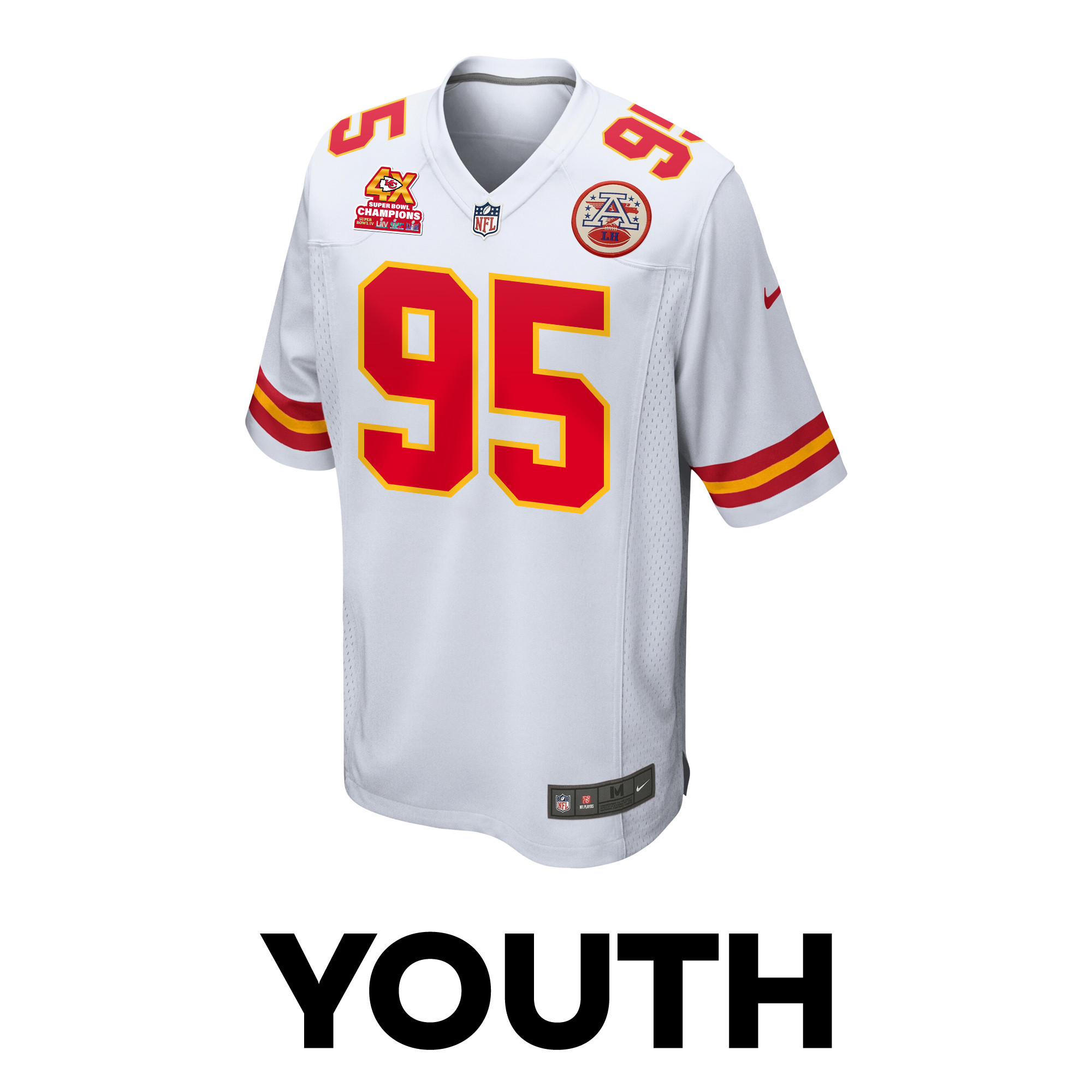 Alternative view of Chris Jones 95 Kansas City Chiefs Super Bowl LVIII Champions 4X Game YOUTH Jersey - White JS1990 nicesnker