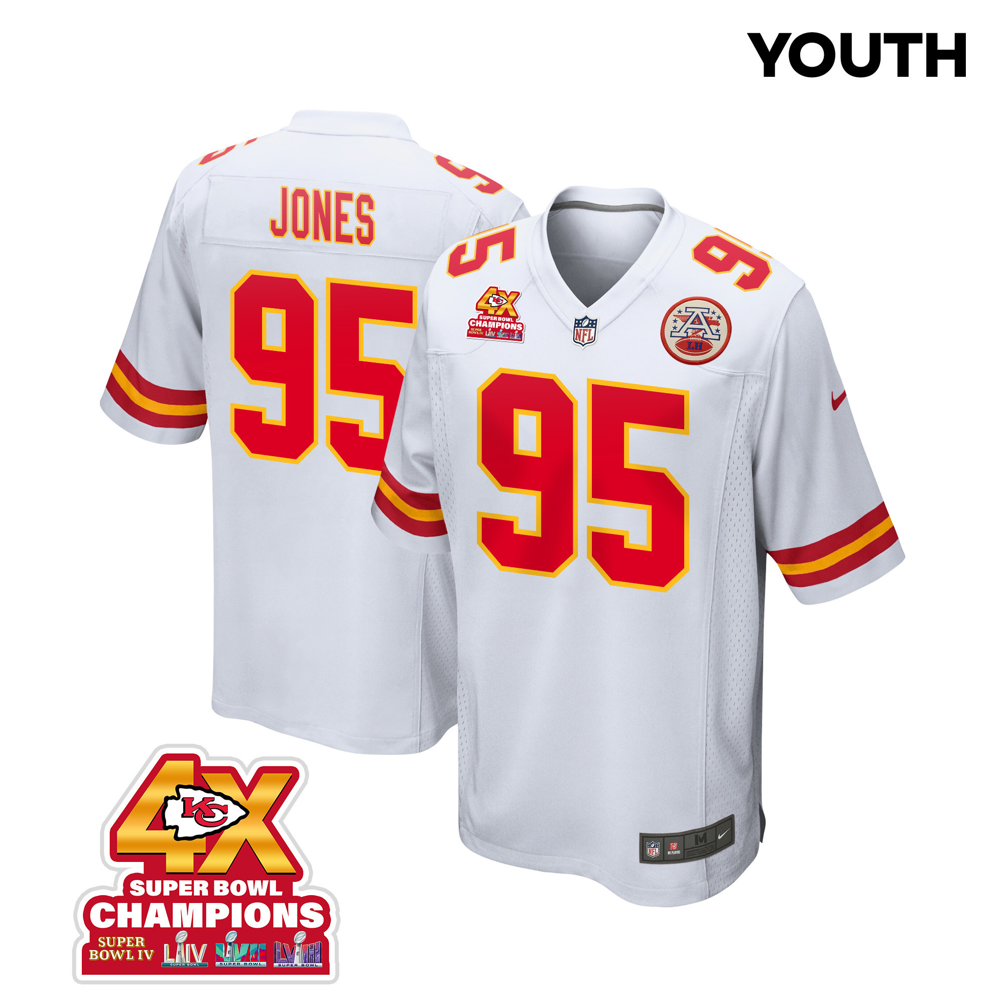 Chris Jones 95 Kansas City Chiefs Super Bowl LVIII Champions 4X Game YOUTH Jersey - White JS1990 nicesnker