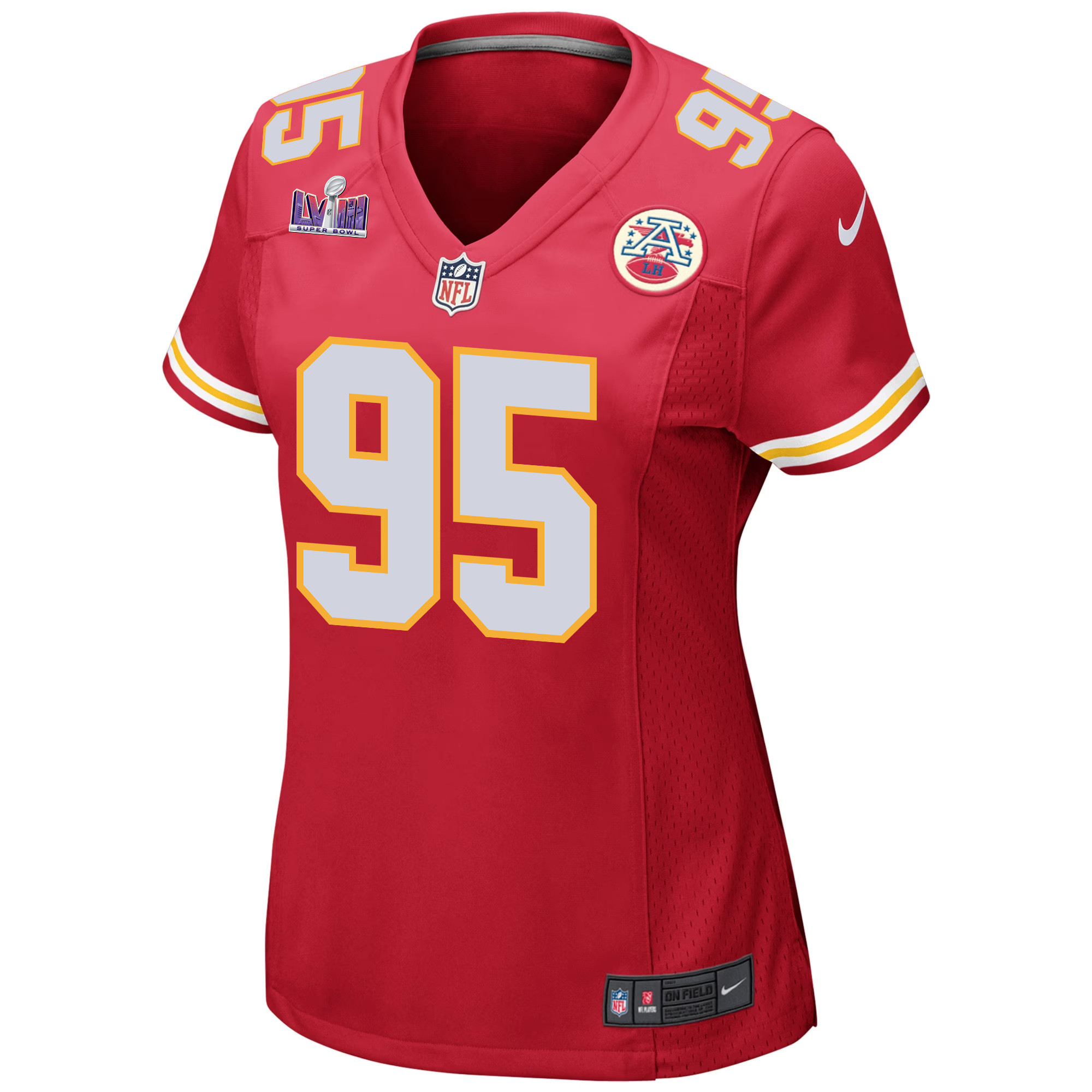 Alternative view of Chris Jones 95 Kansas City Chiefs Super Bowl LVIII Patch Game Women Jersey - Red JS4235 nicesnker