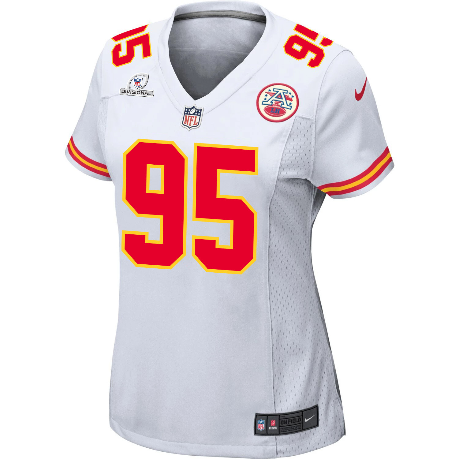 Alternative view of Chris Jones 95 Kansas City Chiefs Super Bowl LVIII Patch Game Women Jersey - White JS5915 nicesnker